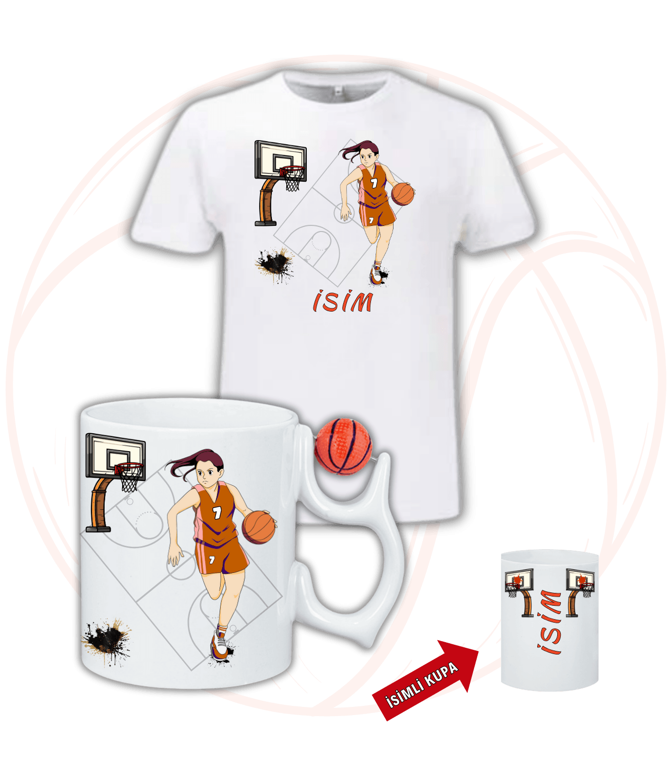 Basketbol Kadın Oyunculu Basketbol Toplu Kupa + Baskılı Pamuklu Tişört Kombin-3