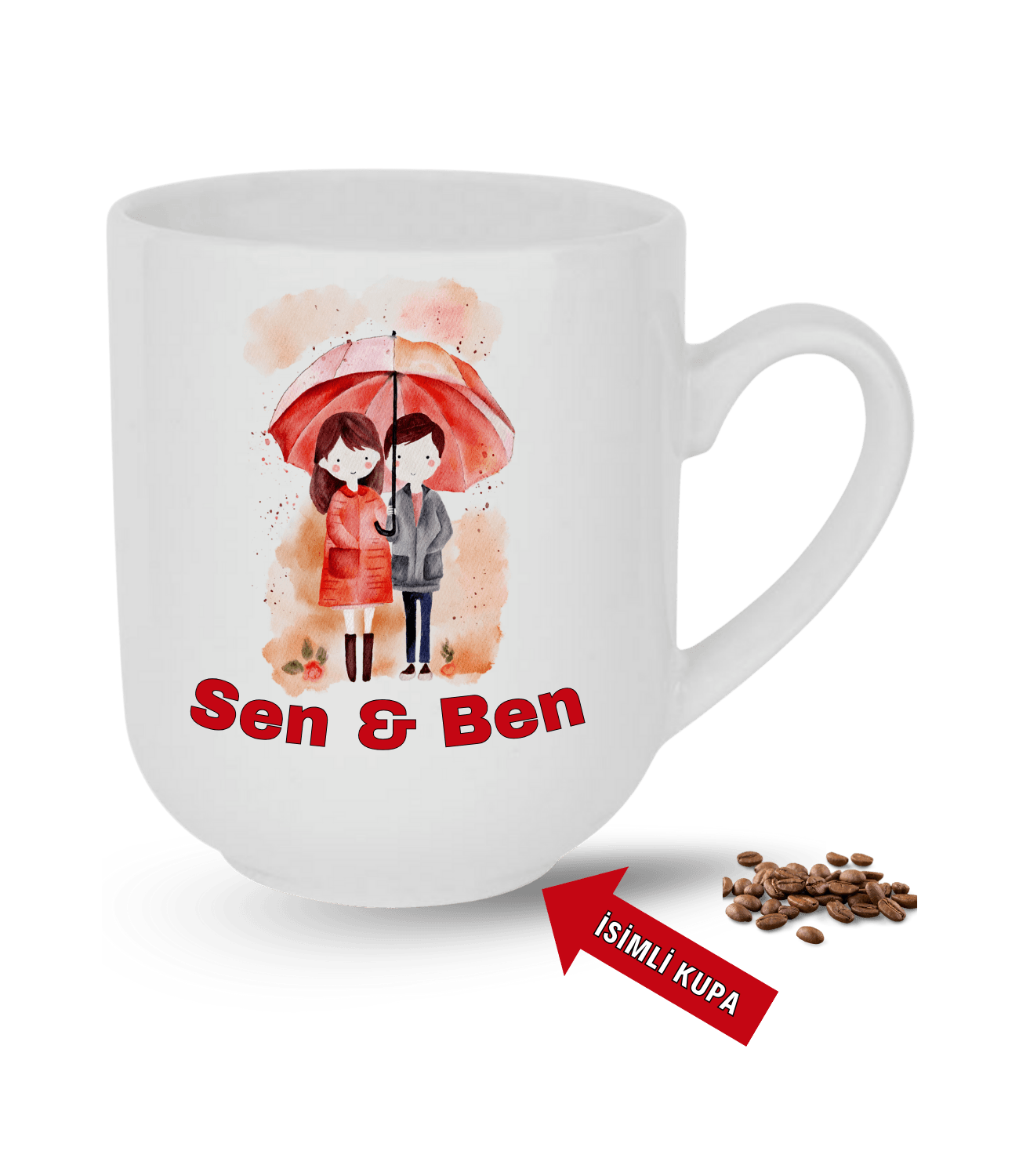 Aşk Temalı Sen ve Ben İsimli Kupa Kalpli Baskılı Elit Lüx Porselen Kupa Bardak-4