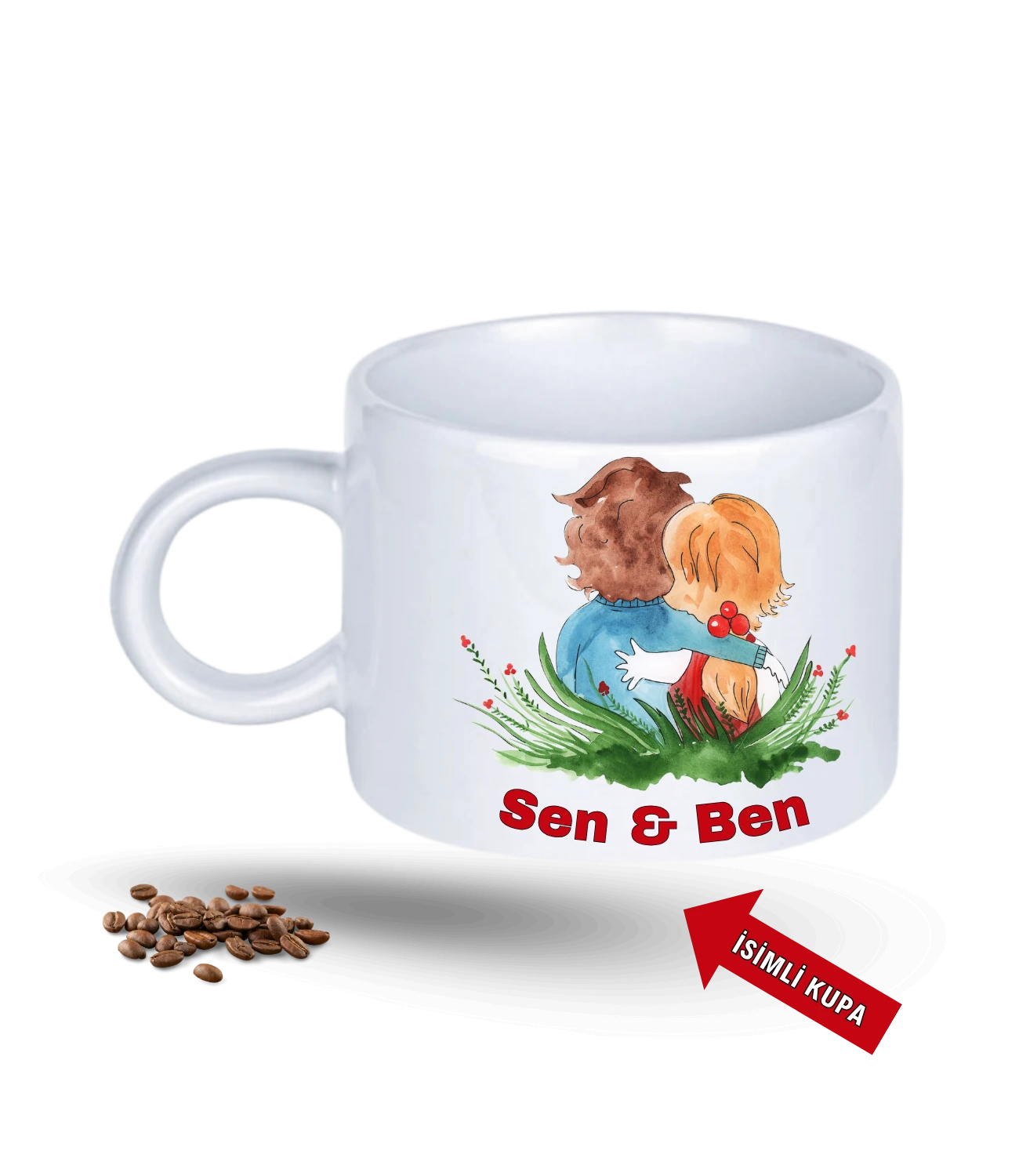 Aşk Temalı Sen ve Ben İsimli Kupa Kalpli Baskılı Porselen Motto Kupa Bardak-3