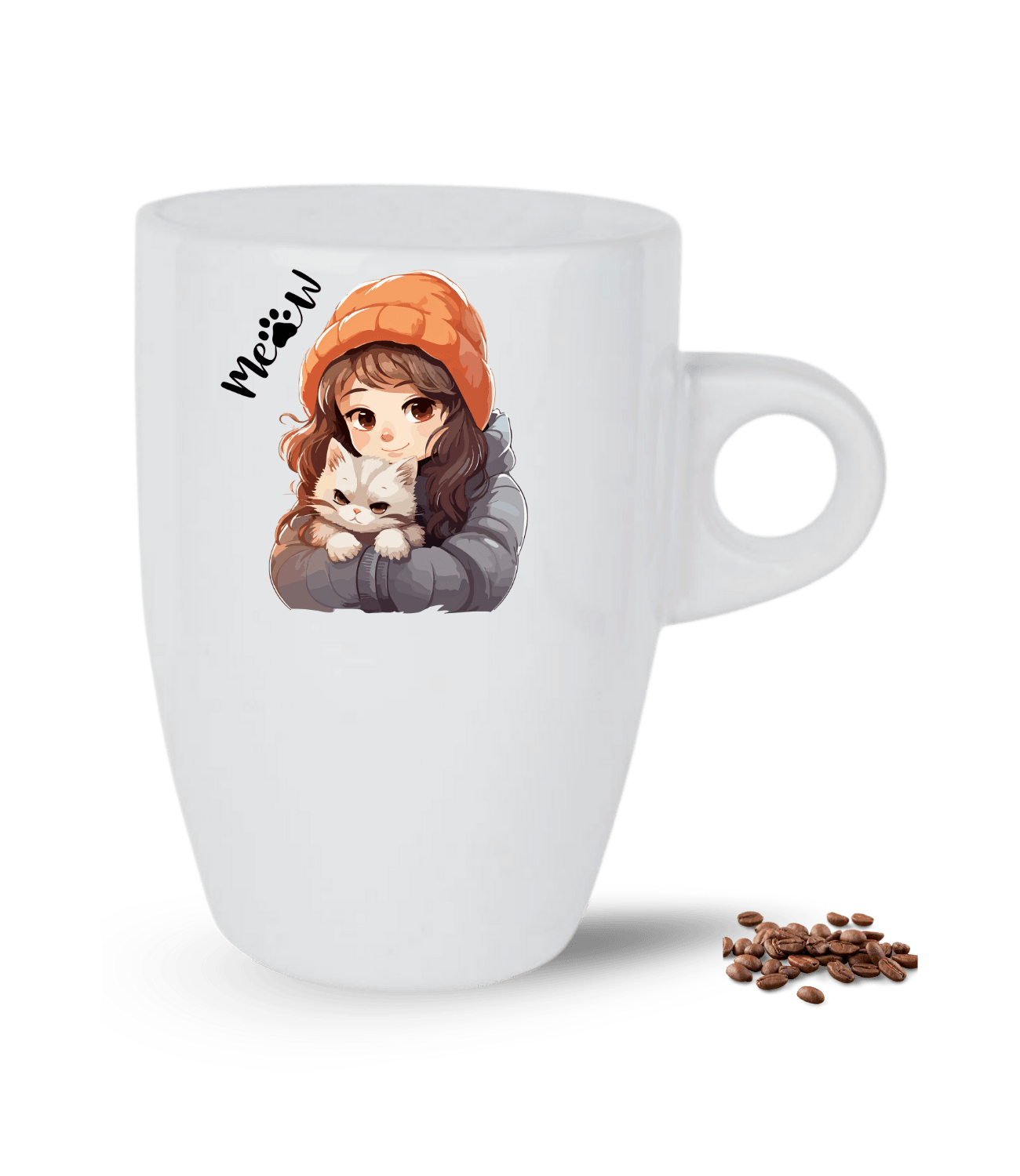 Meow Bereli Kız Kedi Sever Baskılı Porselen Latte Kupa Bardak