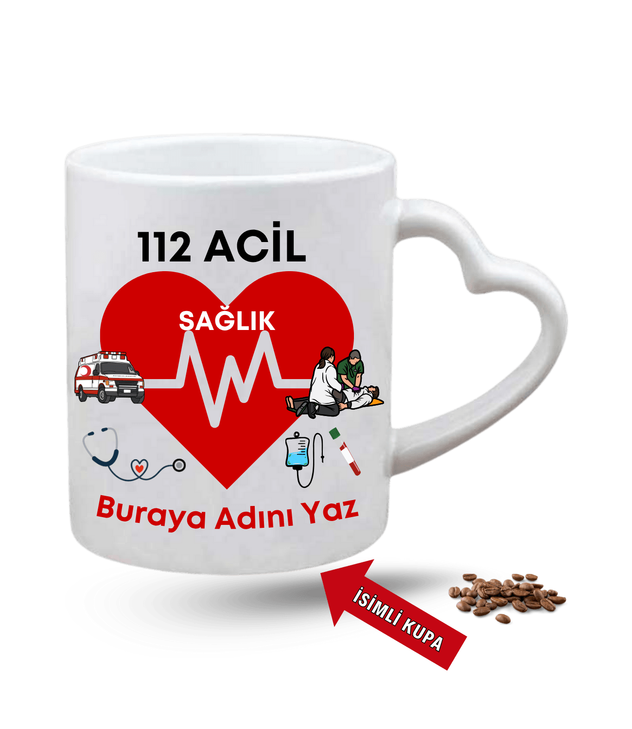 112 Acil Sağlık Temalı İsimli Kupa Baskılı Porselen Kalp Kulp Kupa Bardak
