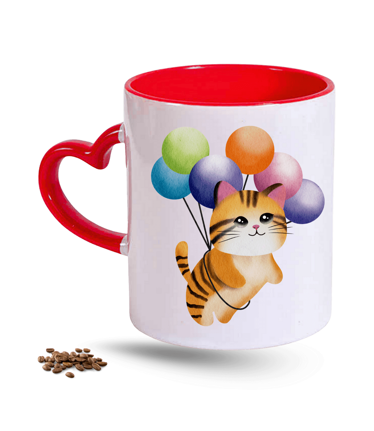 Balonlu Kedi Temalı Kedi Sever Baskılı Kırmızı Kalpli Porselen Kupa Bardak
