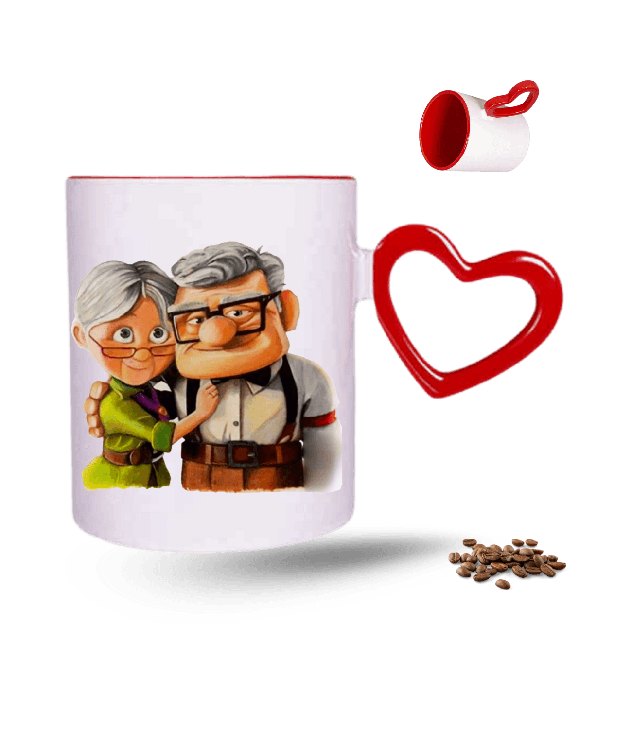 Yukarı Bak Yaşlı Çift Carl and Ellie Baskılı Kırmızı Kalpli Porselen Kupa Bardak