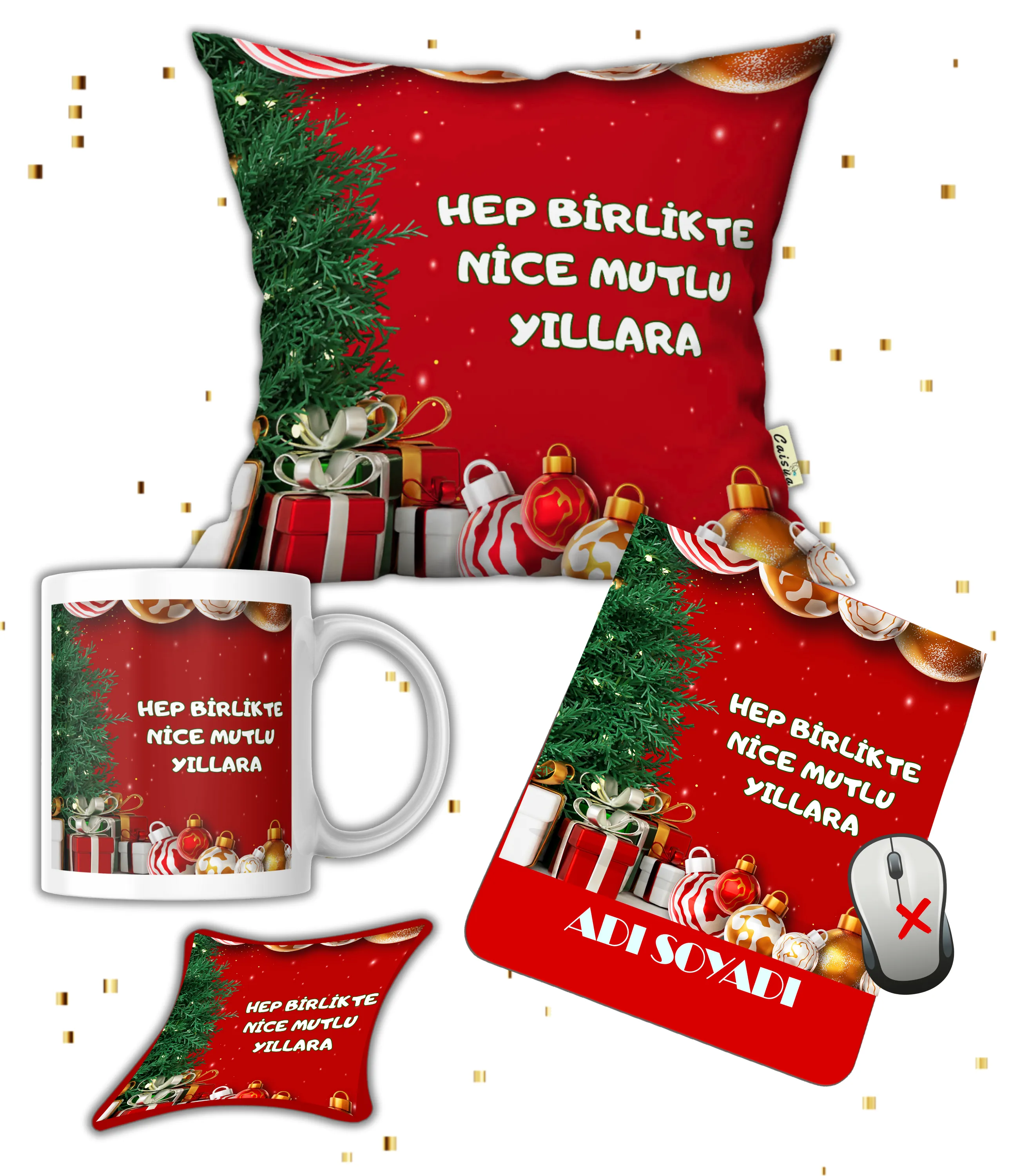 Yılbaşı Hediye Seti Mutlu Yıllar Temalı Baskılı Kupa Yastık İsimli Mause Ped Bardak Altlığı
