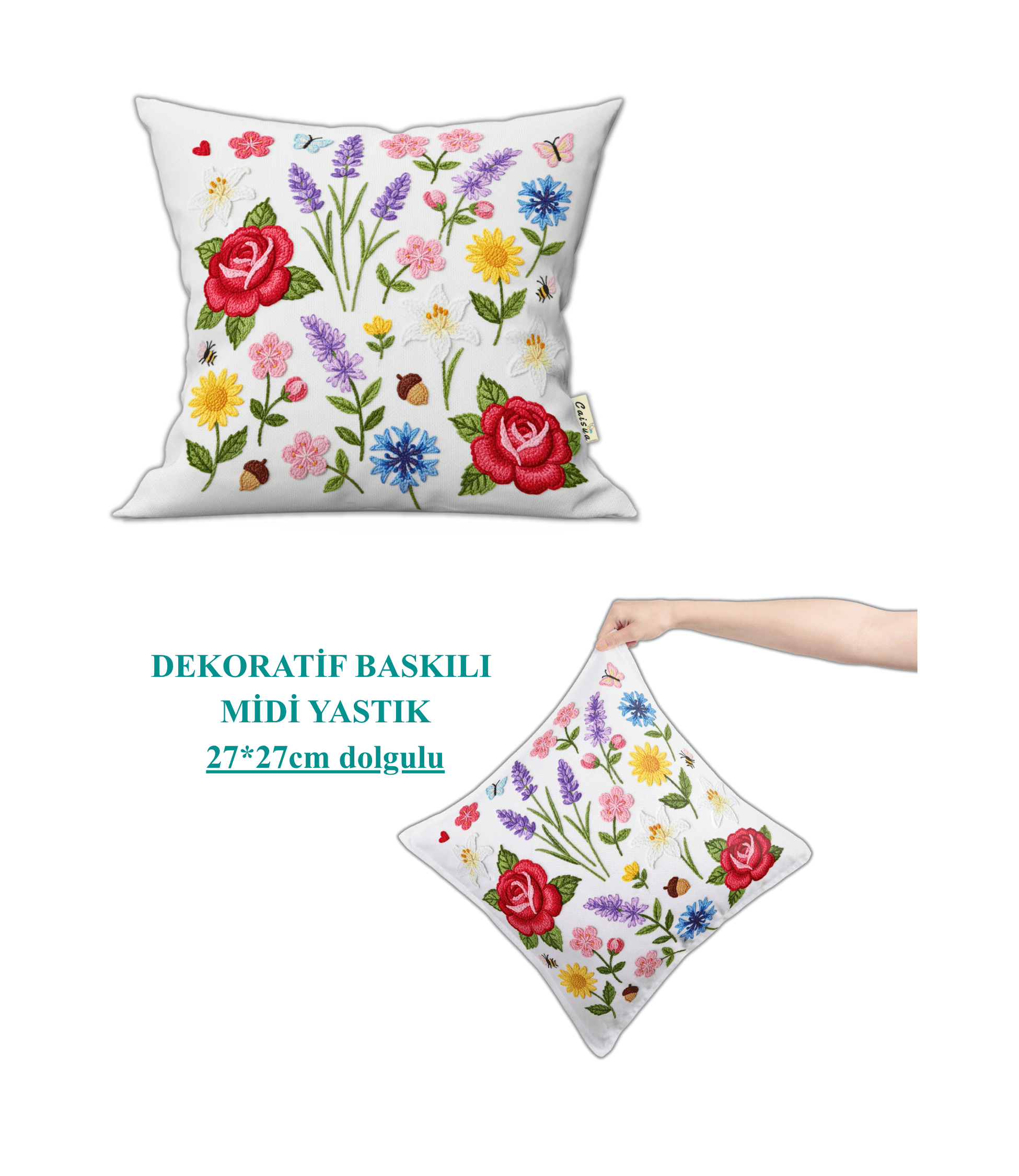 Çiçekler Temalı Hediyelik Dekoratif Midi Yastık Kırlent 27x27cm Dolgulu