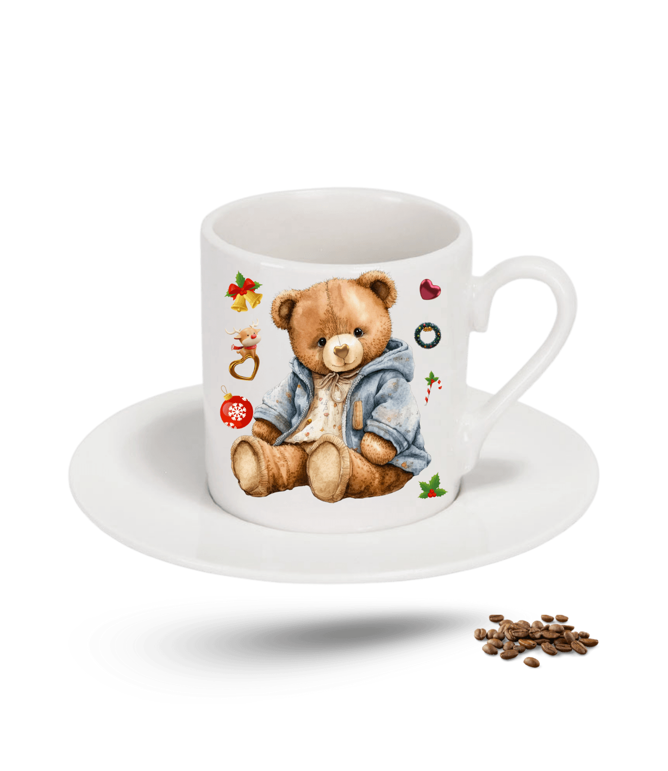 Noel Temalı Yılbaşı Teddy Ayıcık Baskılı Porselen Türk Kahvesi Fincanı Tekli