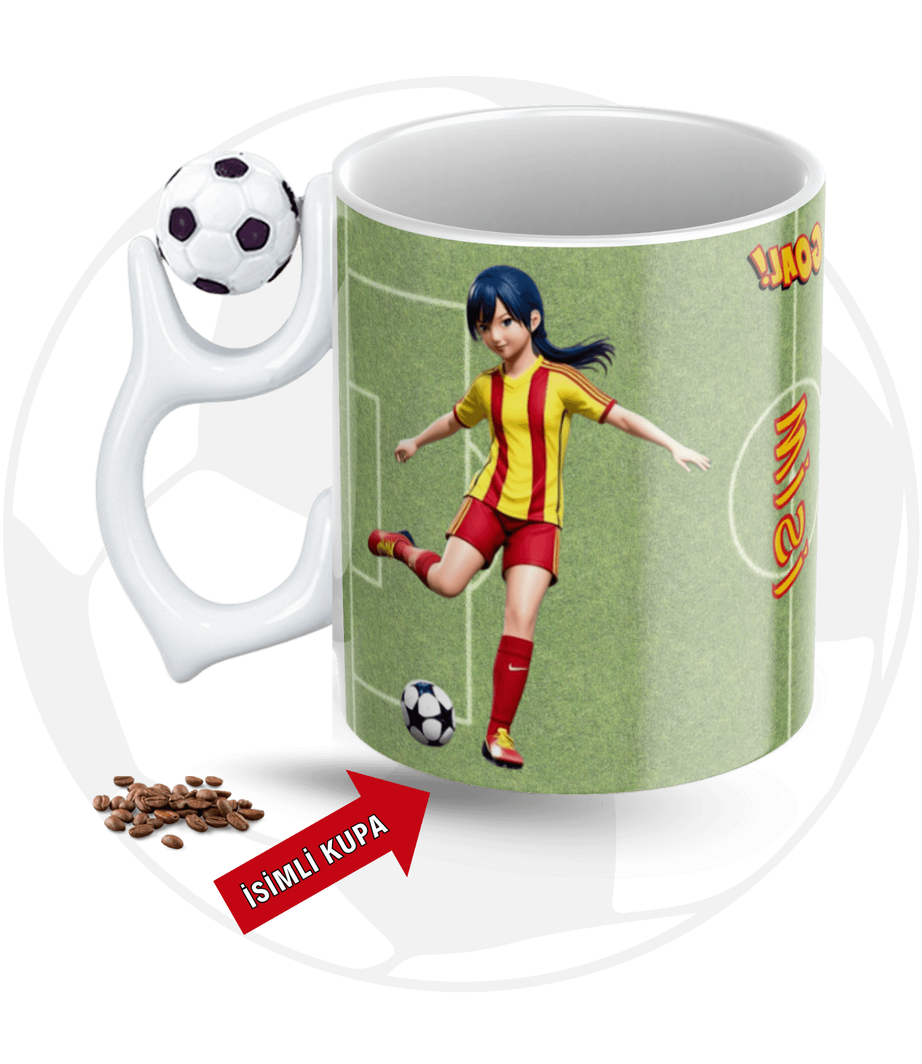 Sarı Kırmızı Kadın Futbolcu Futbol Toplu Kupa + Baskılı Pamuklu Tişört Kombin