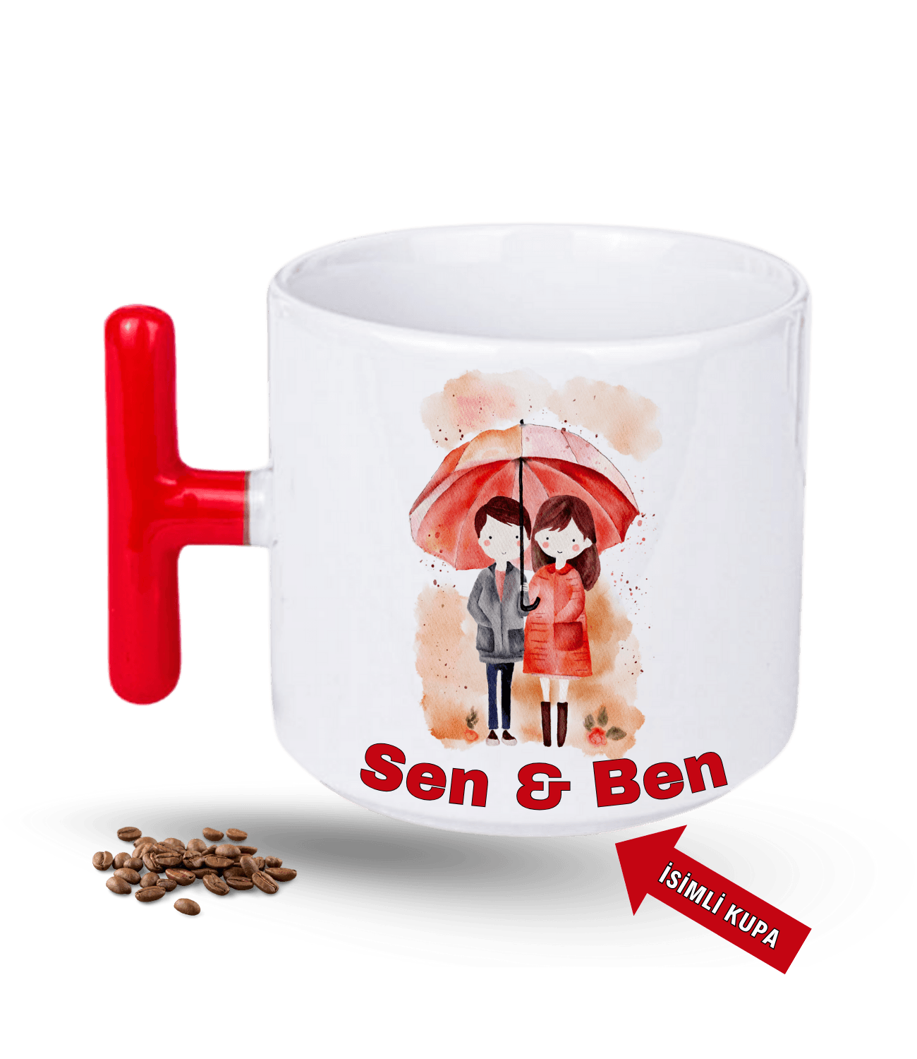 Aşk Temalı Sen ve Ben İsimli Kupa Kalpli Baskılı T Saplı Porselen Kupa Bardak-4
