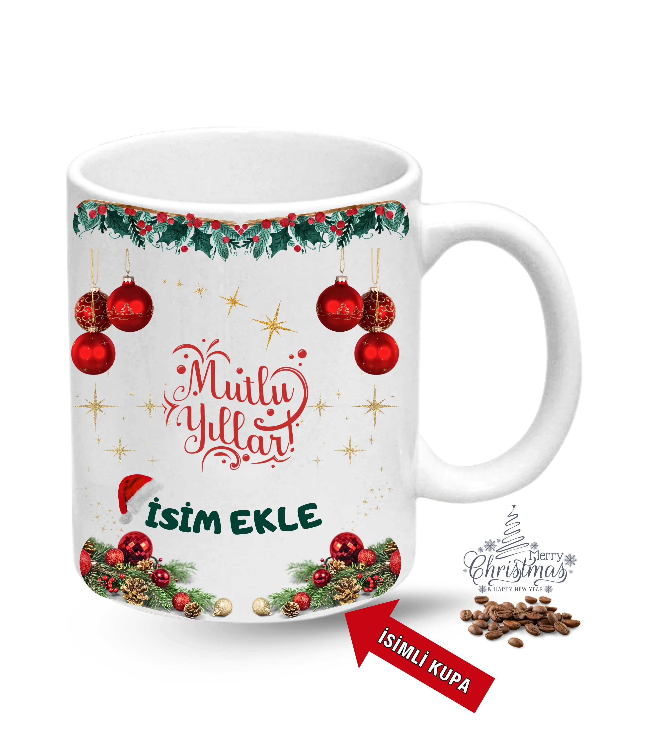 Yılbaşı Hediyesi Mutlu Yıllar Christmas İsimli Baskılı Porselen Kupa Bardak