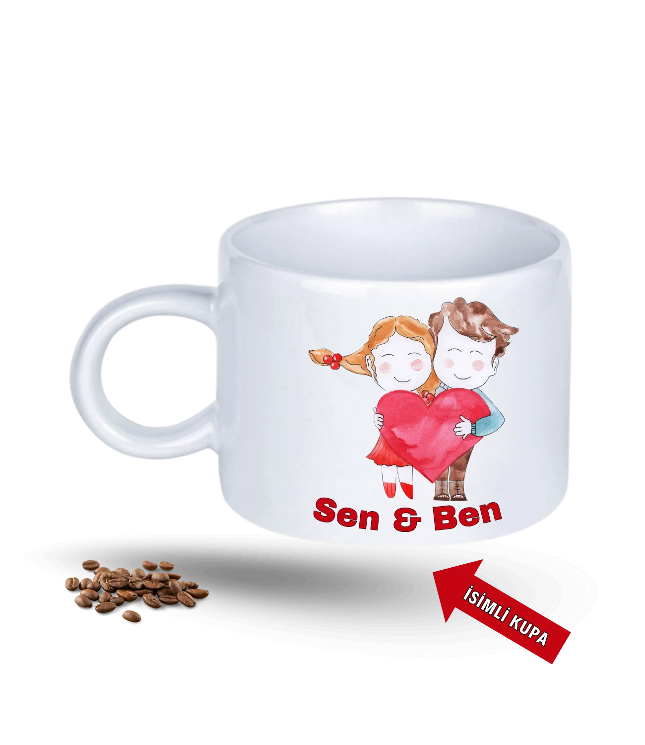 Aşk Temalı Sen ve Ben İsimli Kupa Kalpli Baskılı Porselen Motto Kupa Bardak-1