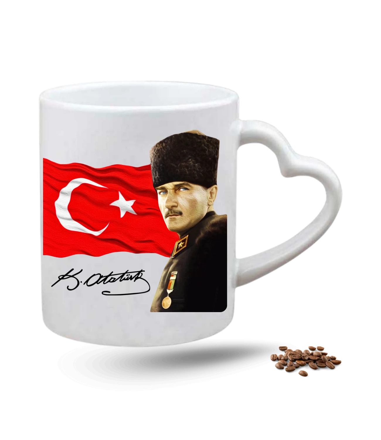 Atatürk İmza Temalı Bayrak Baskılı Porselen Kalp Kulp Kupa Bardak