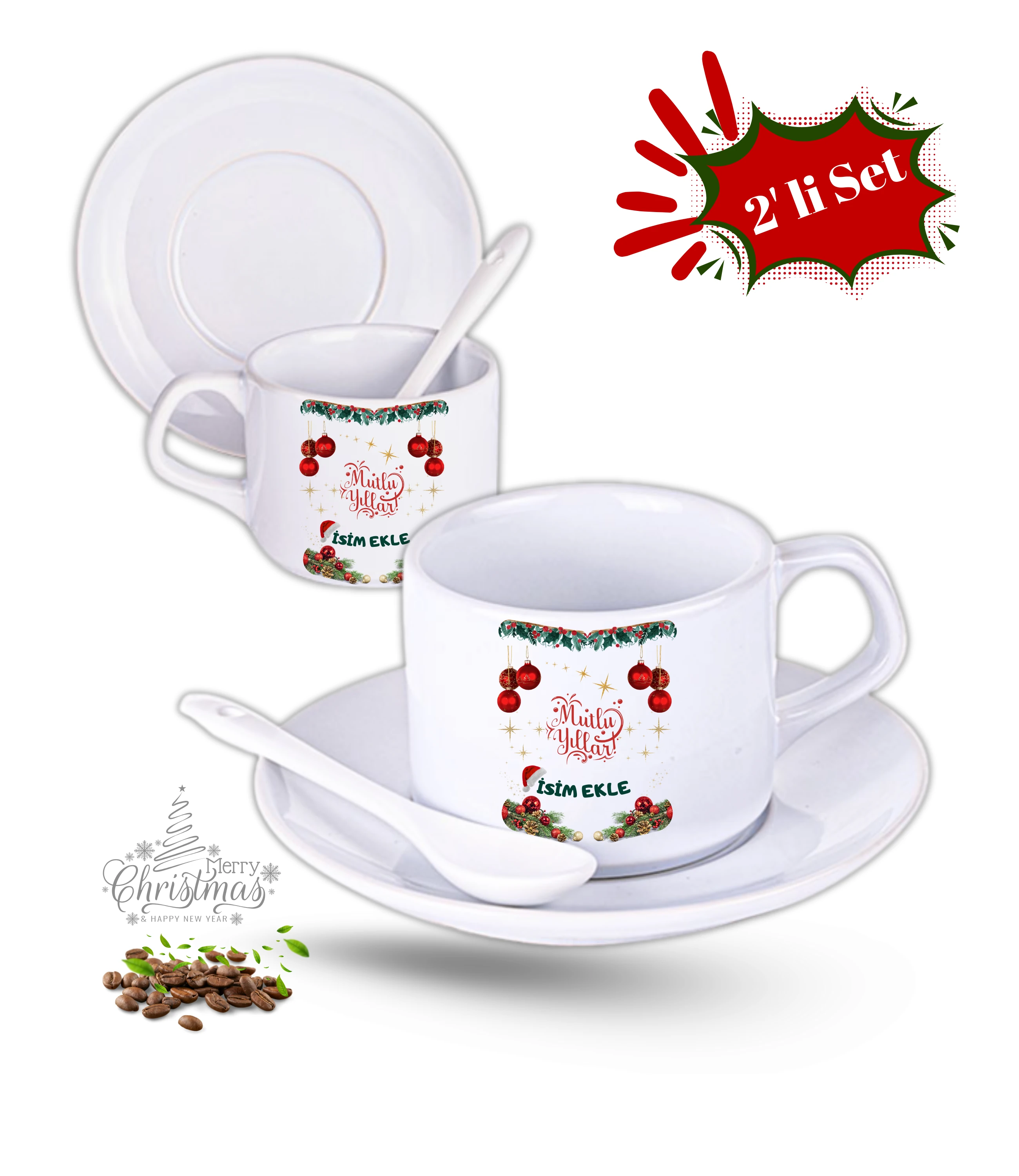 Yılbaşı Hediyesi İsimli Baskılı 2li Set Porselen Çay Kahve Fincan Seti