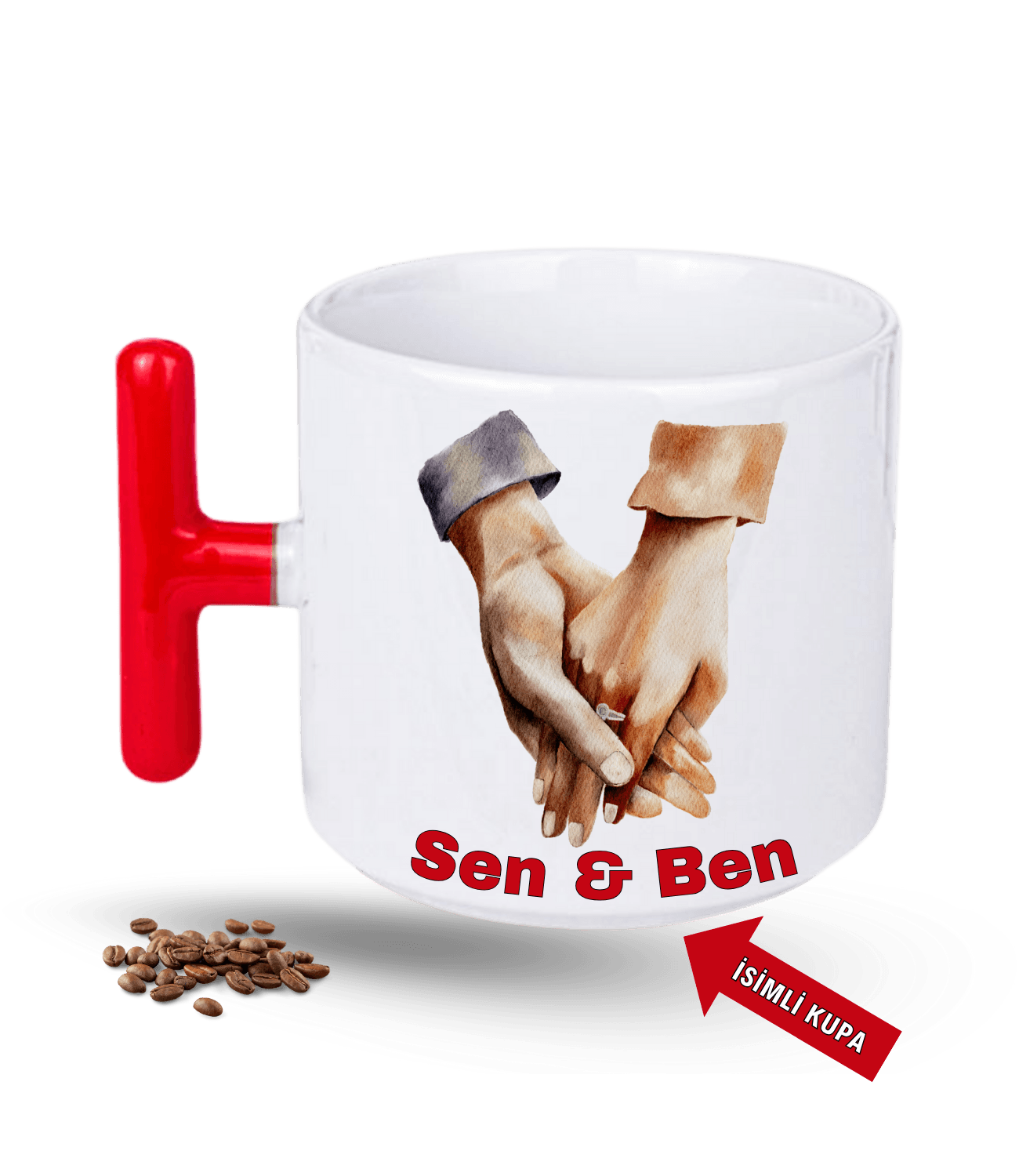 Aşk Temalı Sen ve Ben İsimli Kupa Kalpli Baskılı T Saplı Porselen Kupa Bardak-5