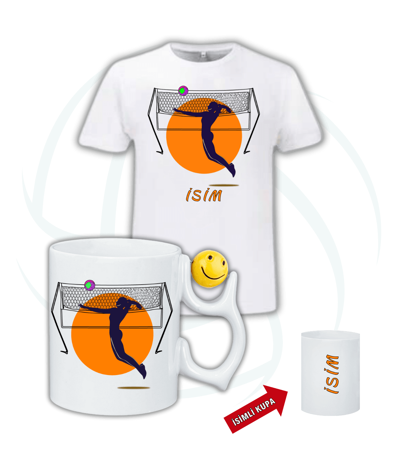 Voleybol Temalı Smaç Kadın Oyuncu Baskı Emoji Kupa + Baskılı Pamuklu Tişört Kombin
