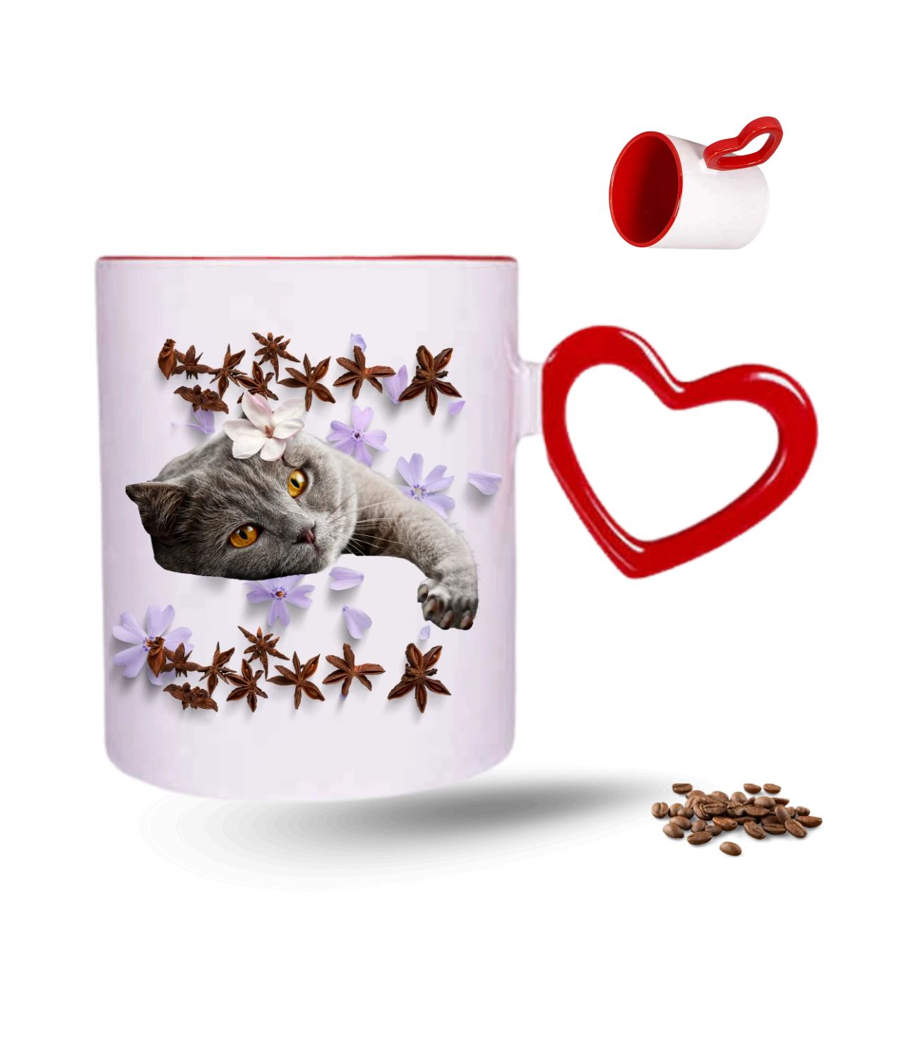 Sevimli Kedi Temalı Kedi Sever Baskılı Kırmızı Kalpli Porselen Kupa Bardak