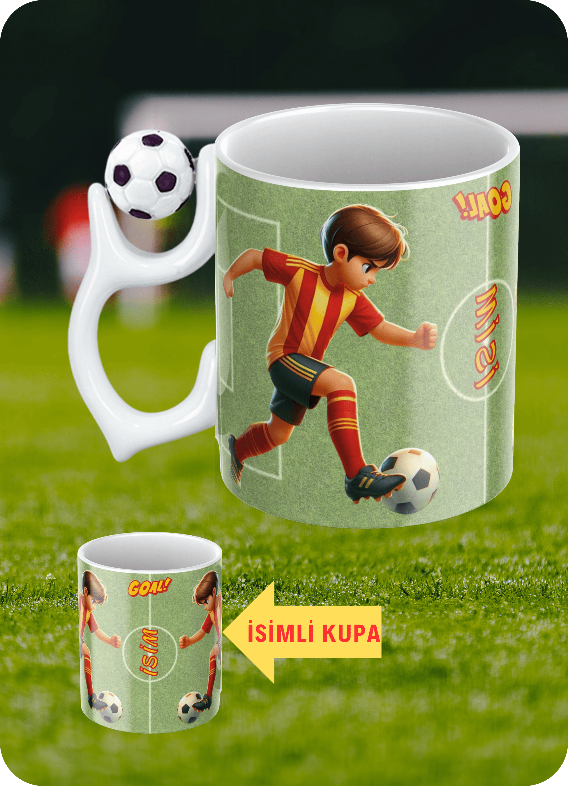 Futbol Toplu Sarı Kırmızı Formalı Futbolcu İsimli Taraftar Kupa Bardak Çay Kahve Fincanı