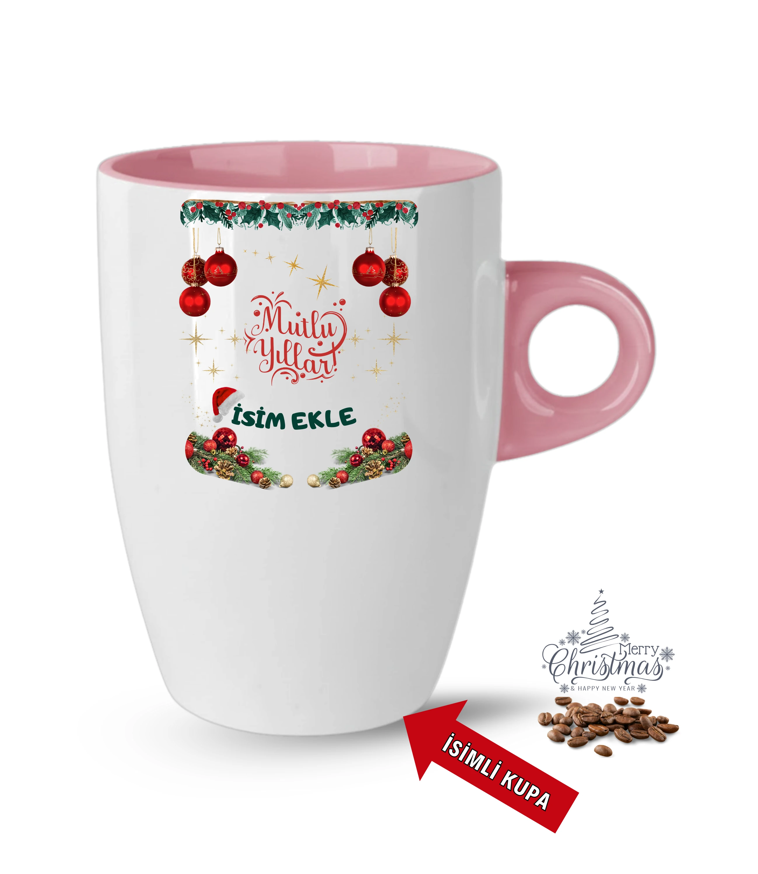 Yılbaşı Hediyesi Mutlu Yıllar Christmas İsimli Baskılı Porselen Latte Kupa Bardak