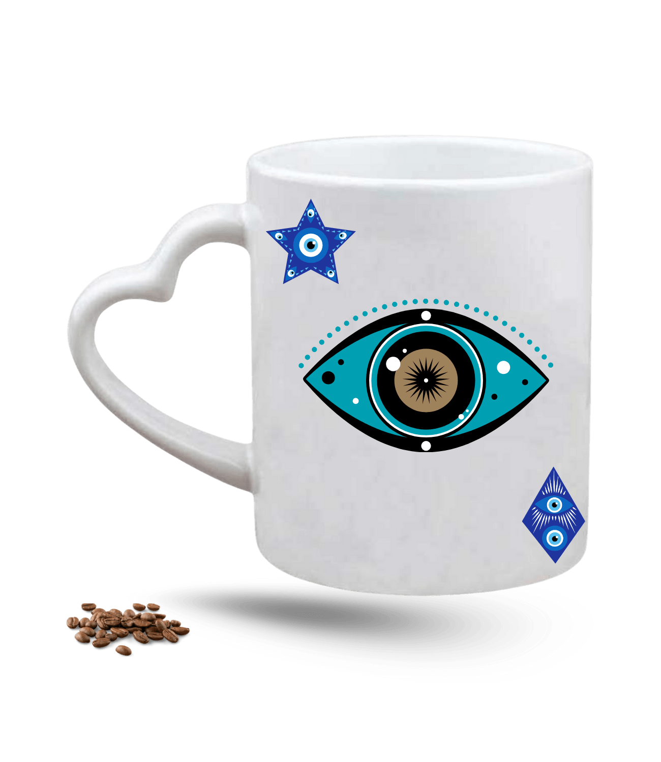 Mandala Temalı Nazarlık Göz Baskılı Porselen Kalp Kulp Kupa Bardak