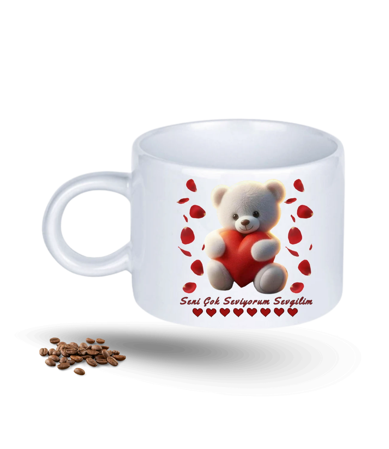 Ayıcık Seni Seviyorum Kalp Gül Baskılı Porselen Motto Kupa Bardak