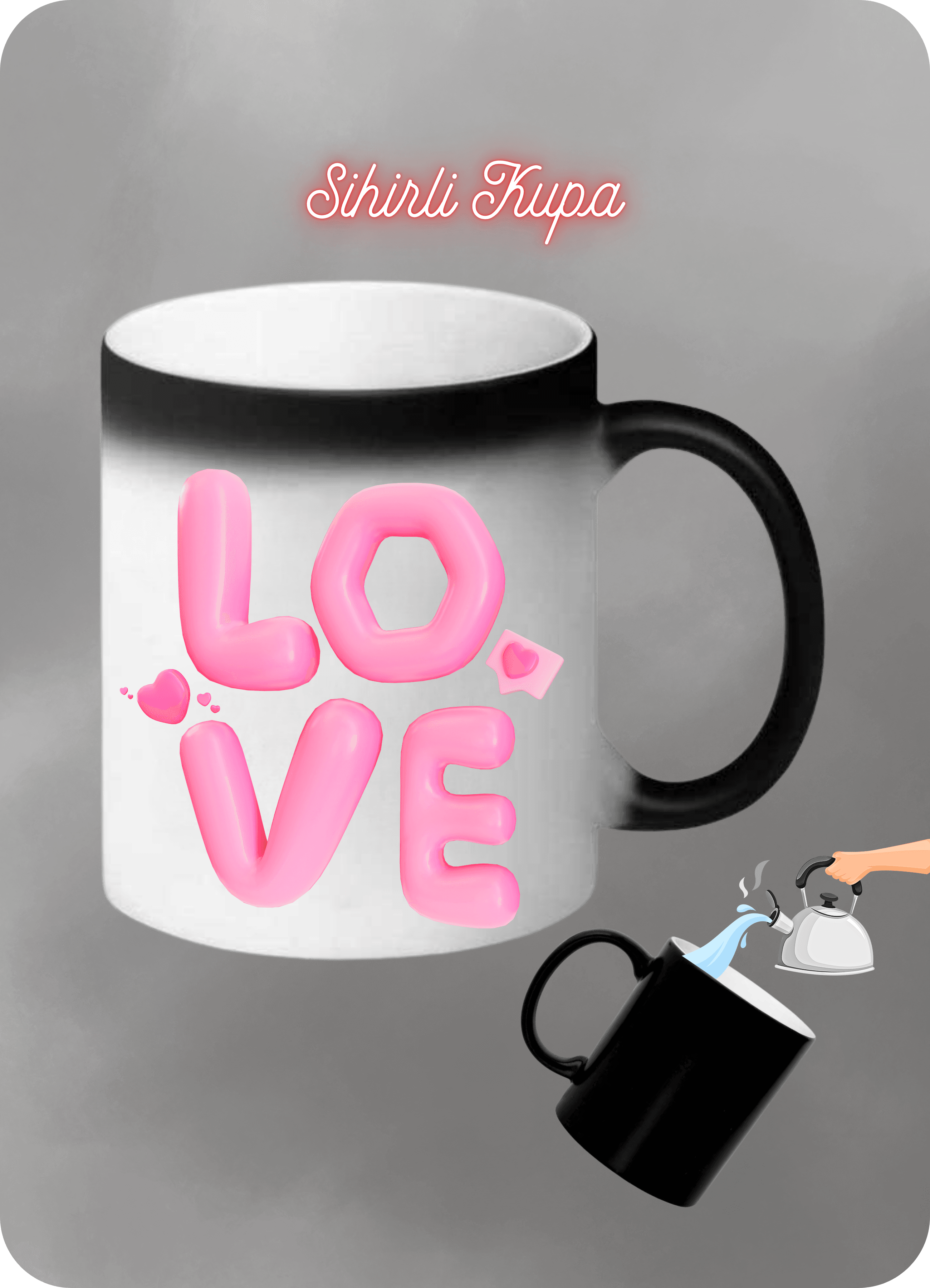 Love Yazılı Buble 3D Baskılı Sihirli Kupa Bardak Çay Kahve Fincanı