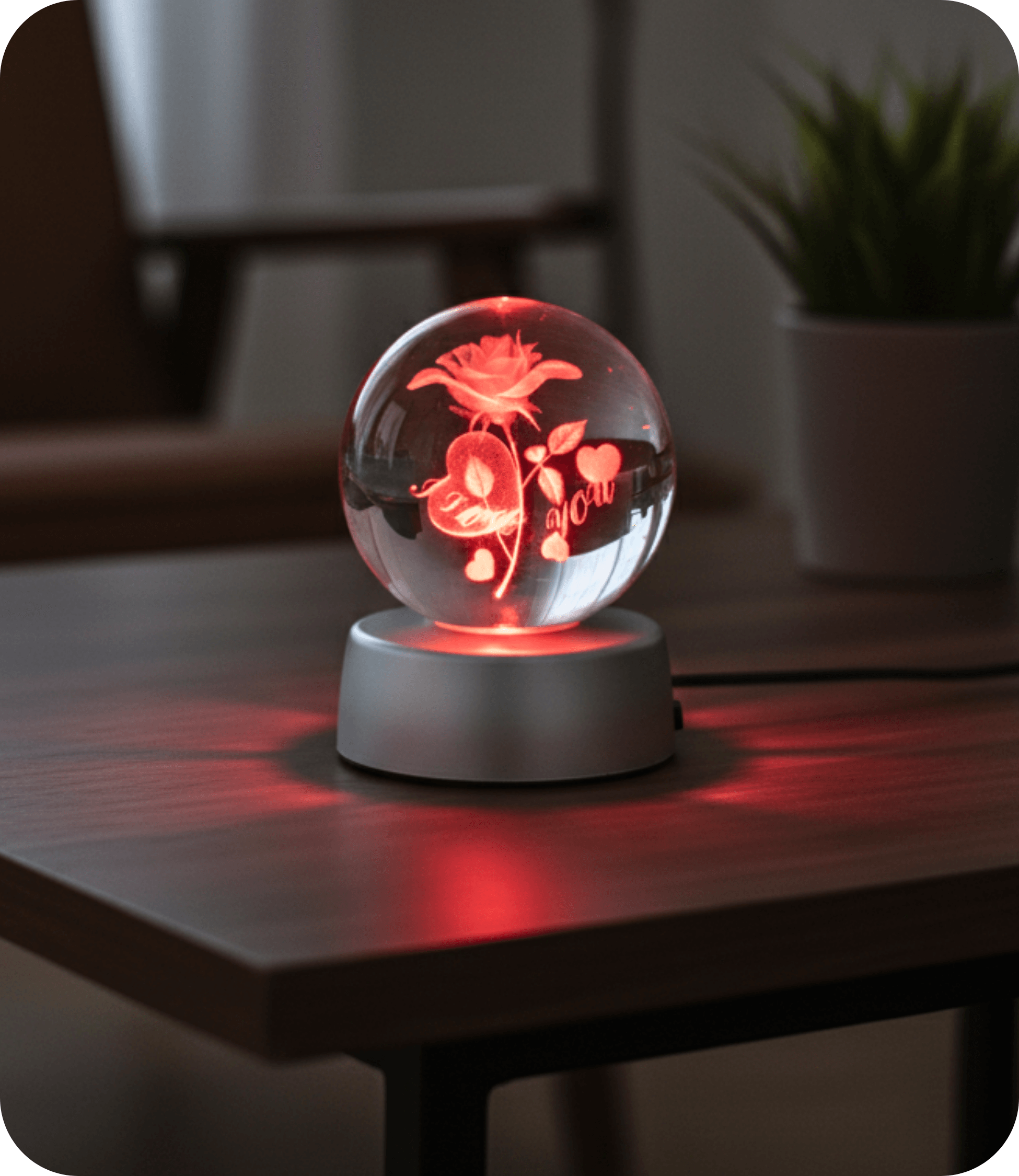 Cam Küre Rgb Işıklı Sevgiliye I Love You Gül Temalı Renk Değiştiren Standlı Pilli