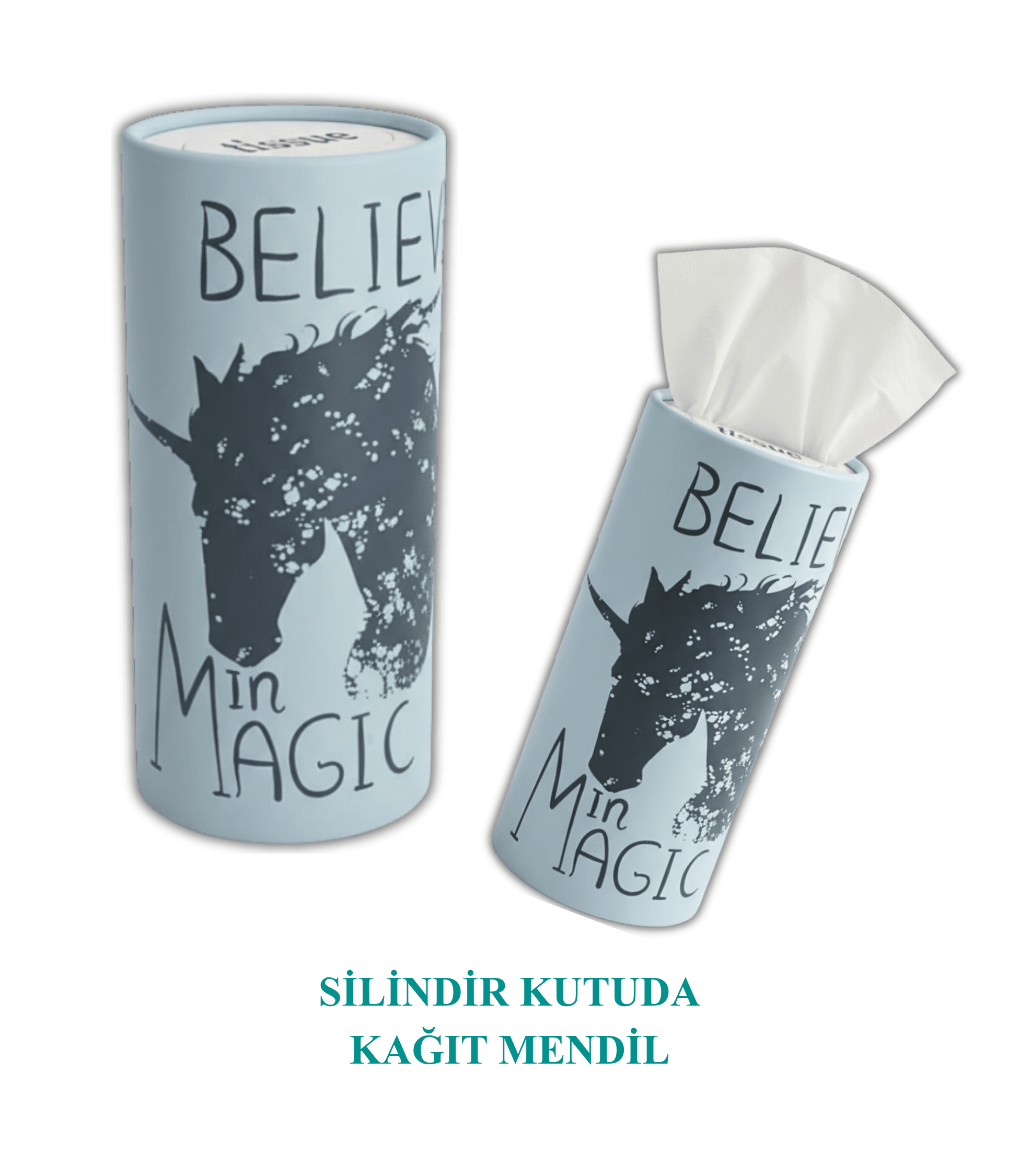 Silindir Dekoratif Kutuda Kağıt Mendil 50 li Mavi Unikorn Kutu (doldurulabilir)