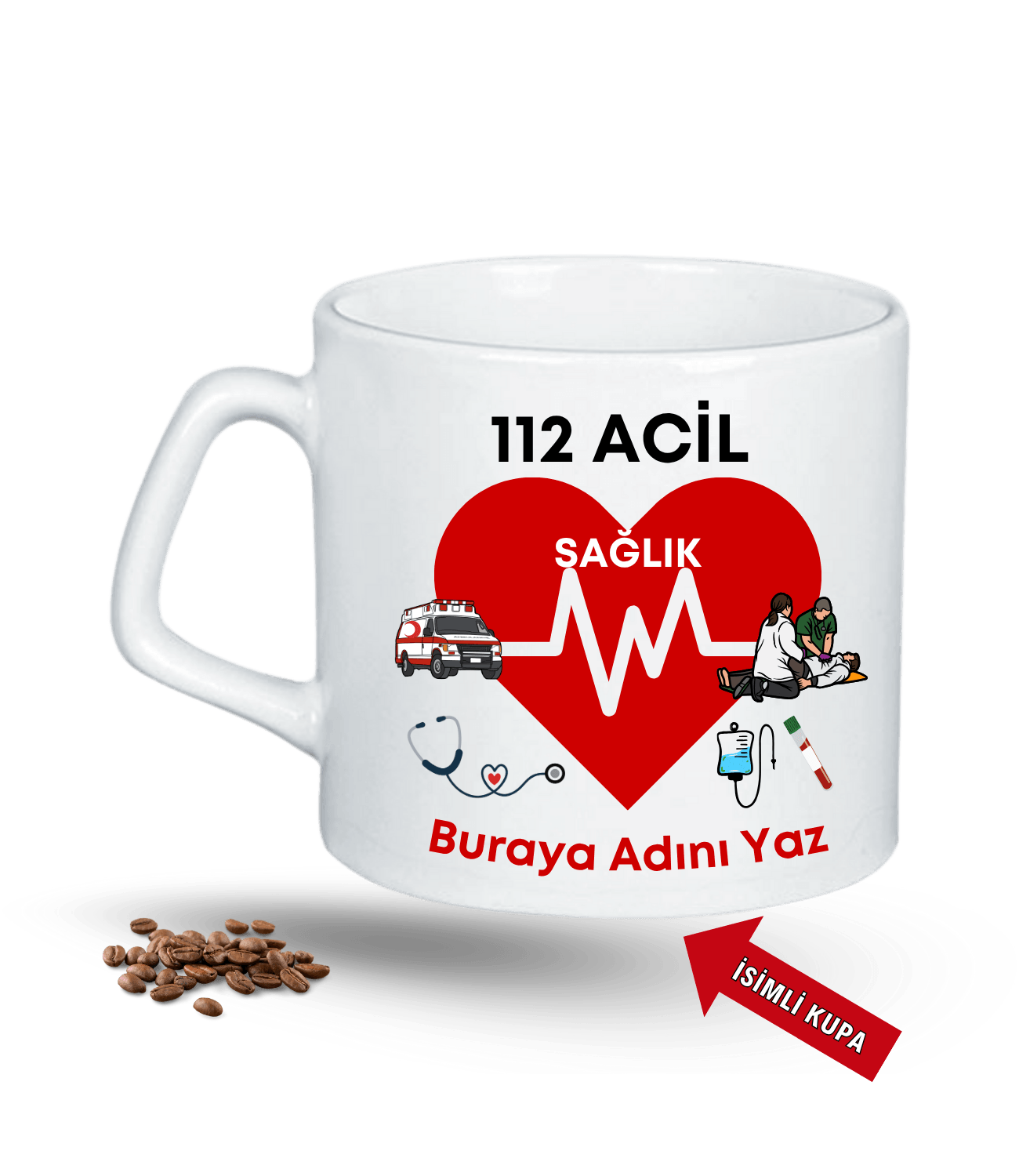 112 Acil Sağlık Temalı İsimli Kupa Baskılı Porselen Afilli Kupa Bardak