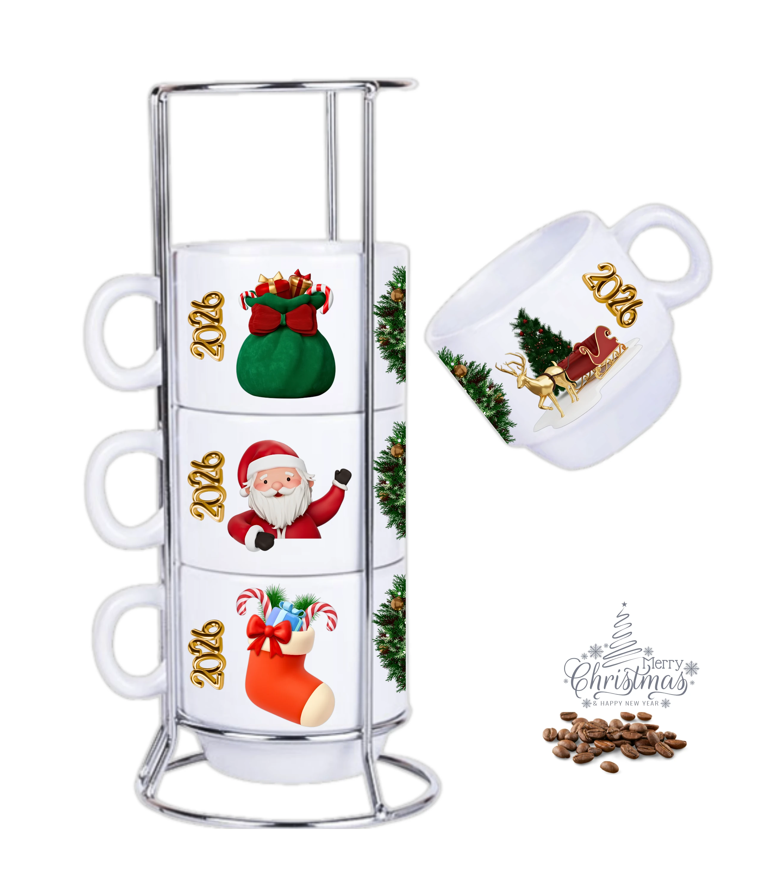 Yılbaşı Temalı Baskılı 4lü Standlı Hediyelik Porselen Çay Kahve Fincan Seti