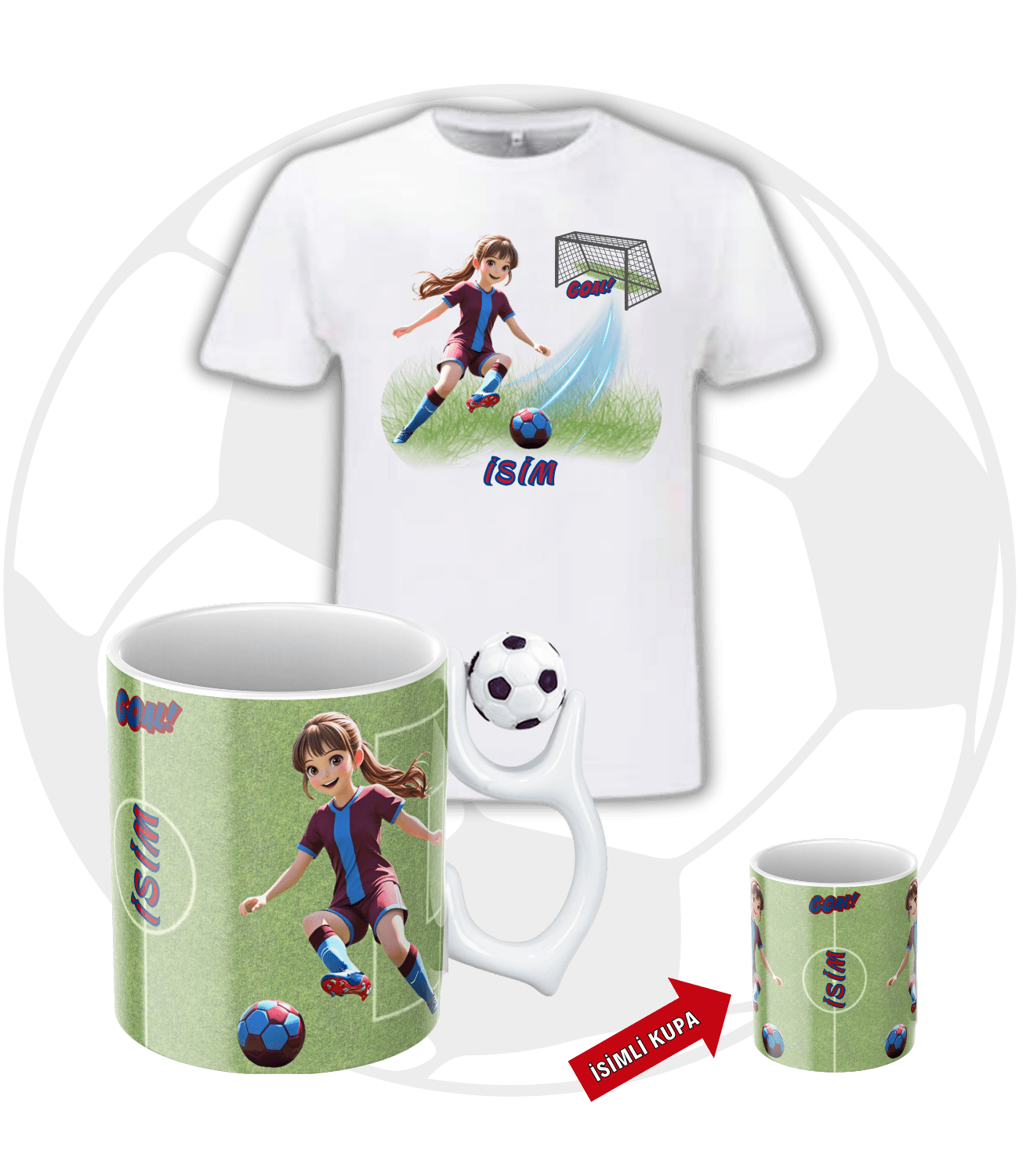 Bordo Mavi Kadın Futbolcu Futbol Toplu Kupa + Baskılı Pamuklu Tişört Kombin