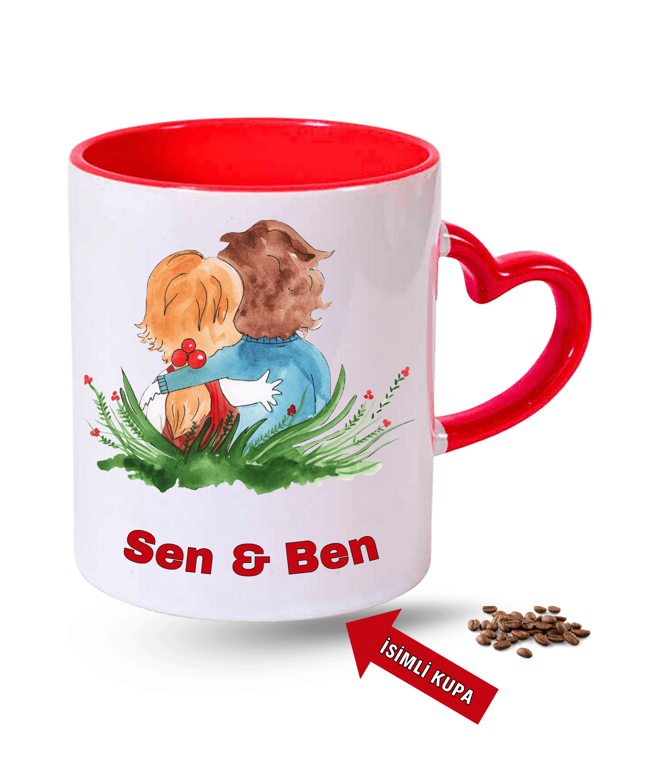 Aşk Temalı Sen ve Ben İsimli Kupa Kalpli Baskılı Kırmızı Kalpli Porselen Kupa Bardak-3
