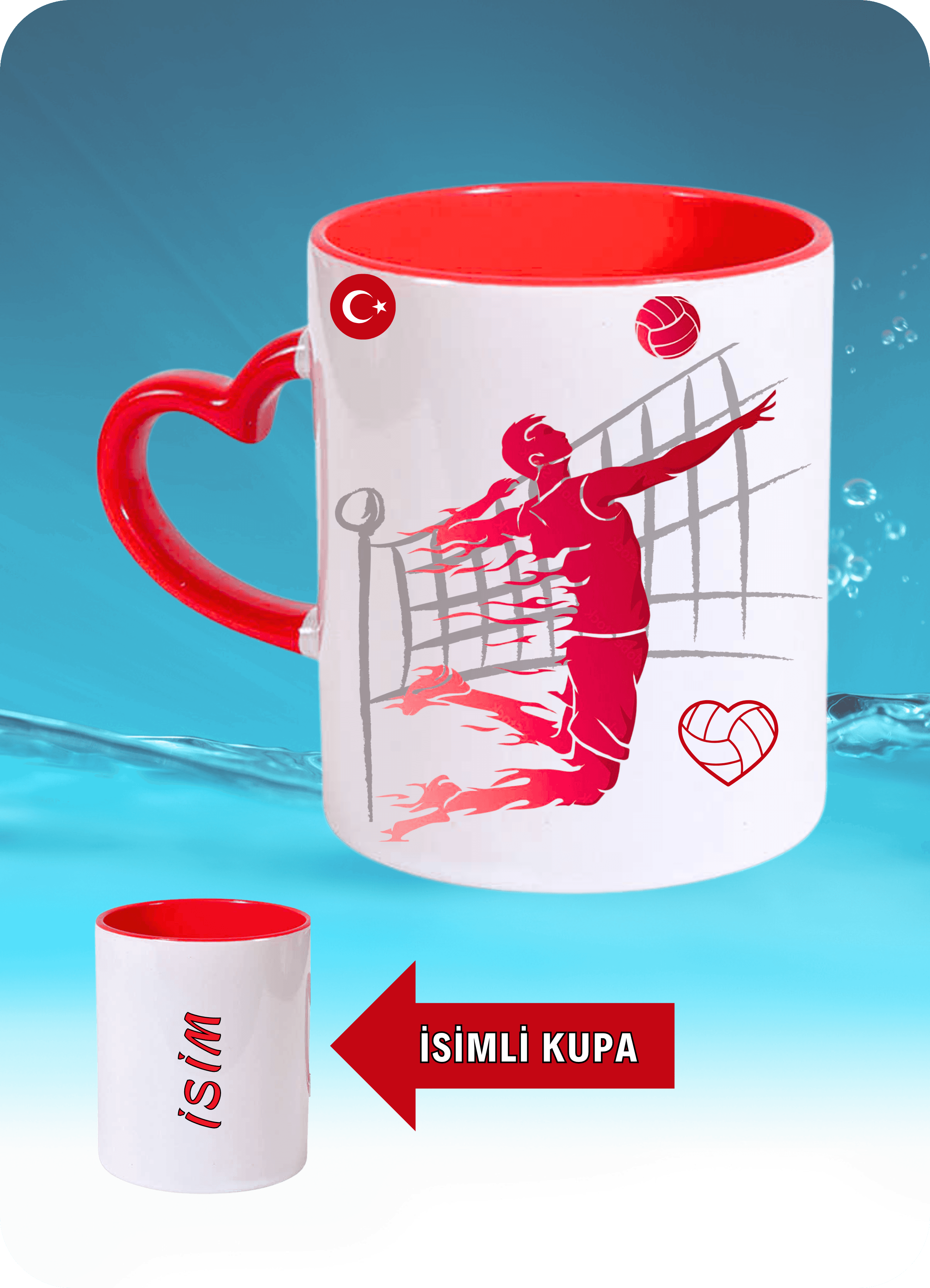 Voleybol Temalı Erkek Voleybolcu Kırmızı Kalpli Kulp Kupa Bardak Çay Kahve Fincanı-2
