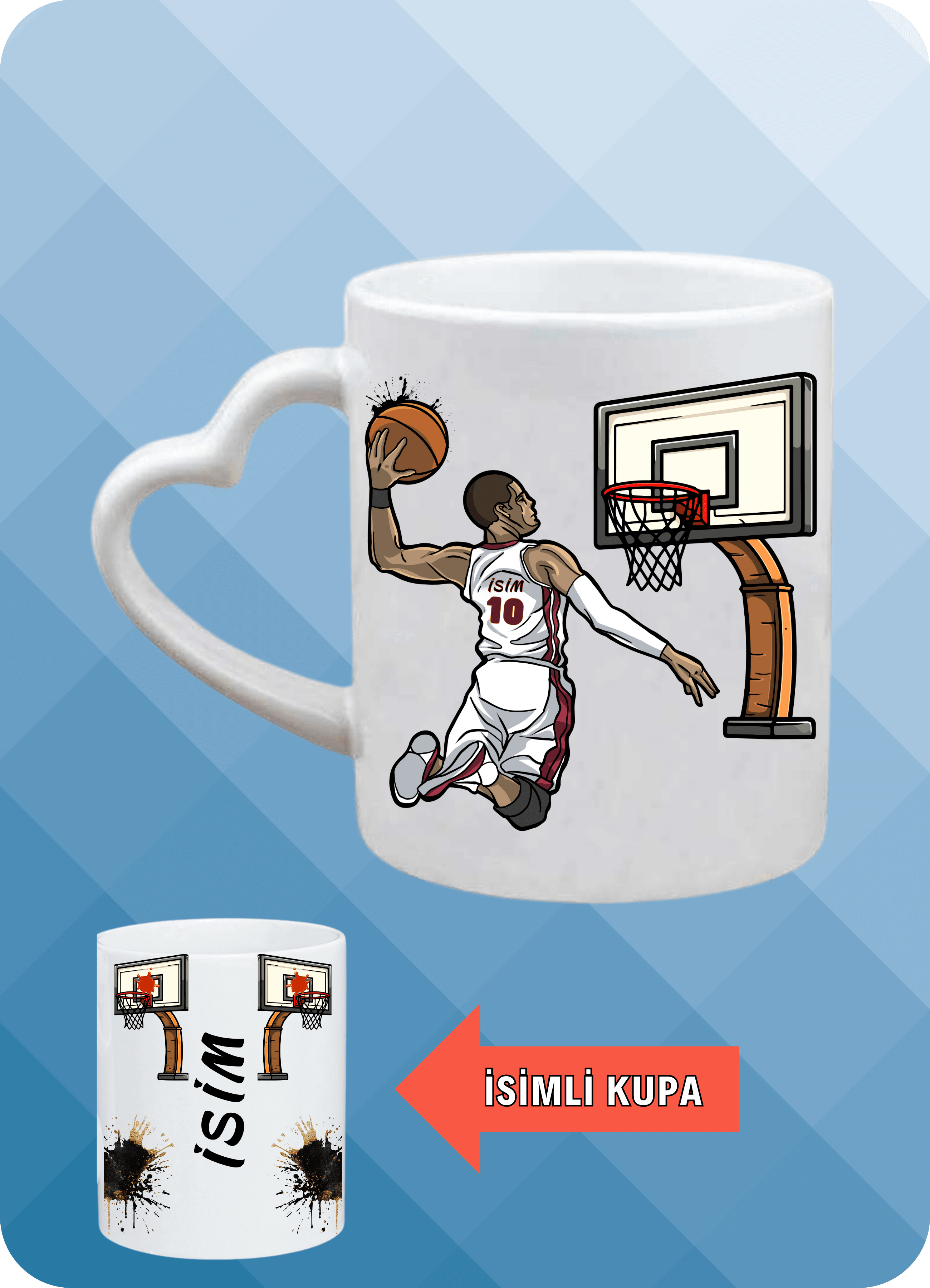 Basketbol Temalı Erkek Basketbolcu Kalp Kulplu Basket Sever Kupa Bardak Çay Kahve Fincanı-2
