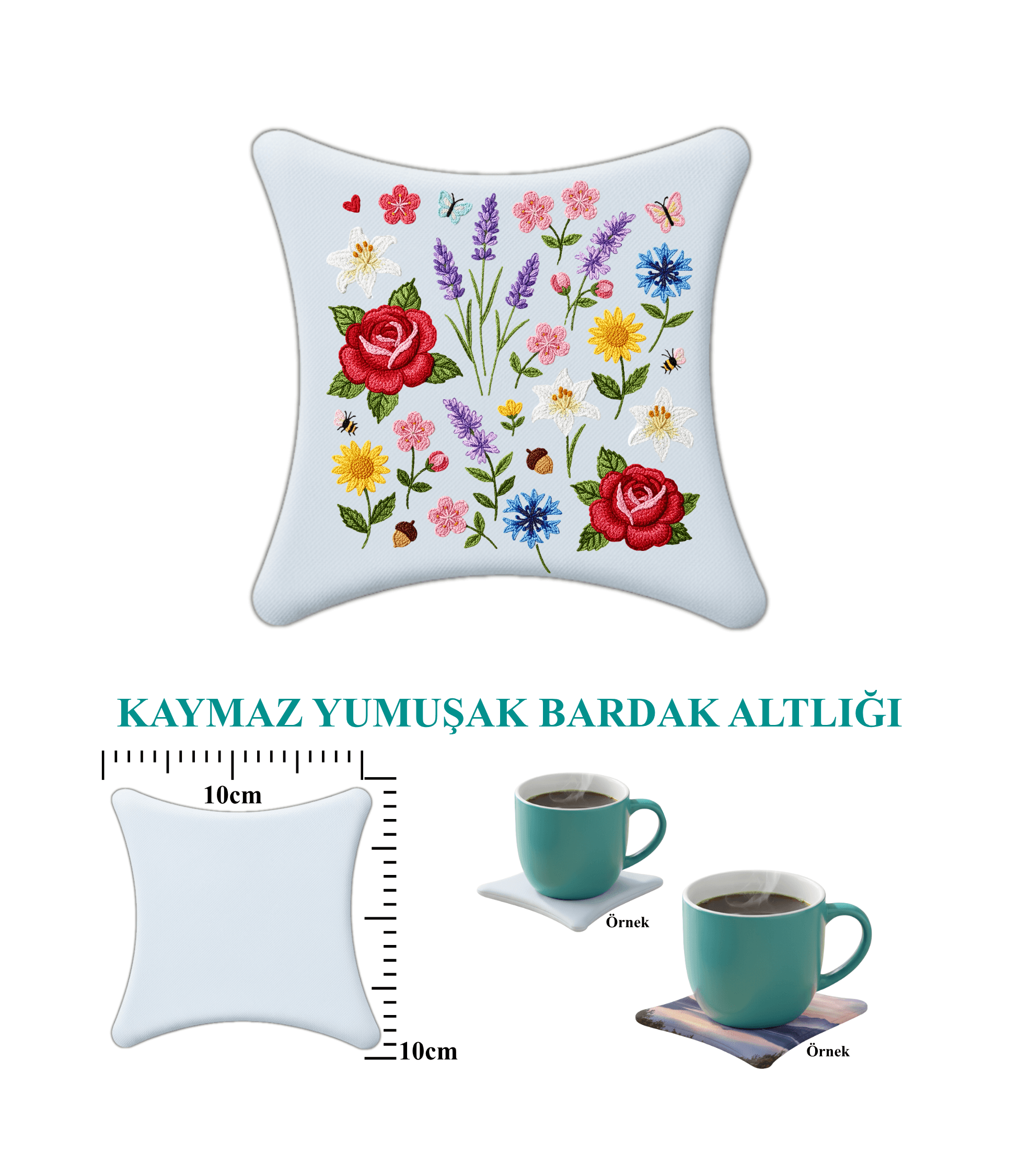 Çiçekler Temalı Baskılı Kaymaz İsimli Bardak Altlığı