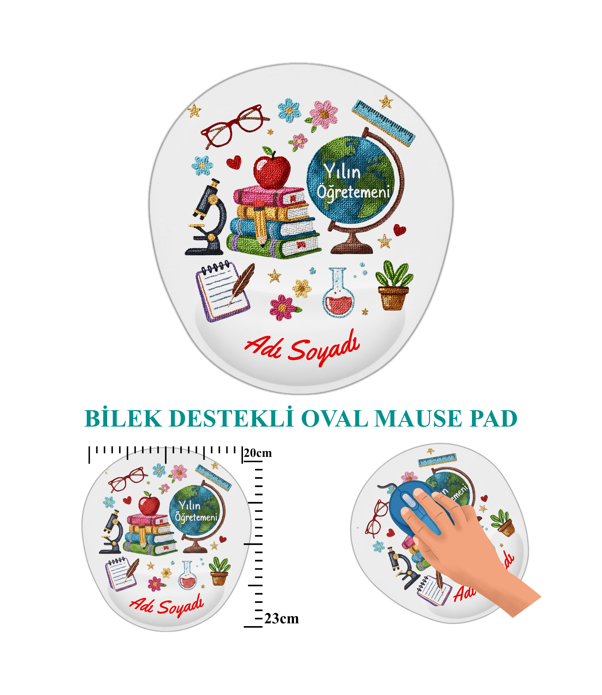Öğretmenler Günü Hediyesi Oval Bilek Destekli İsimli Mause Ped -2