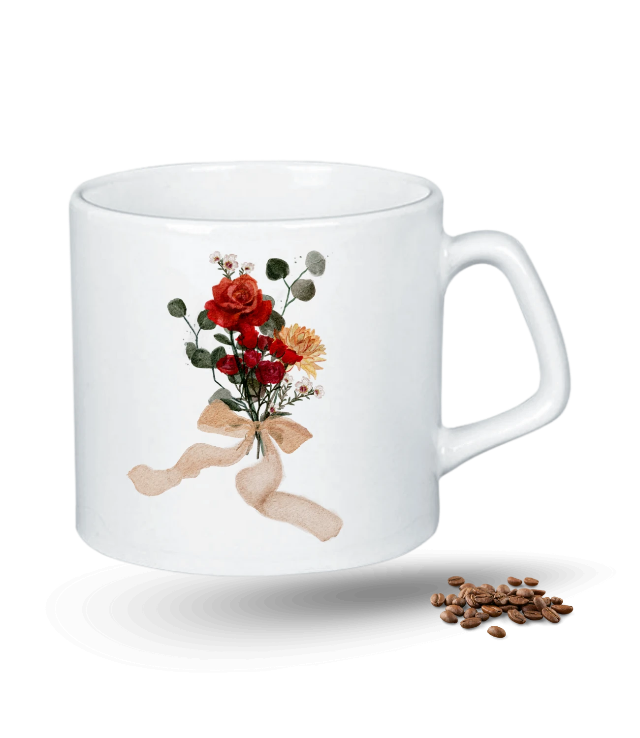 Sevgi Temalı Gül Buketi Baskılı Porselen Afilli Kupa Bardak