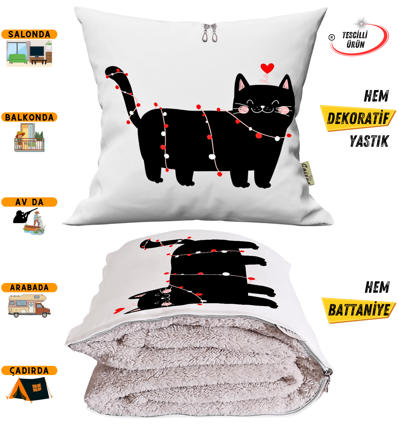 Partici Kedi Temalı Tv Battaniyeli Opsiyonel Dekoratif Yastık Kırlent 2 in 1 Battaniye