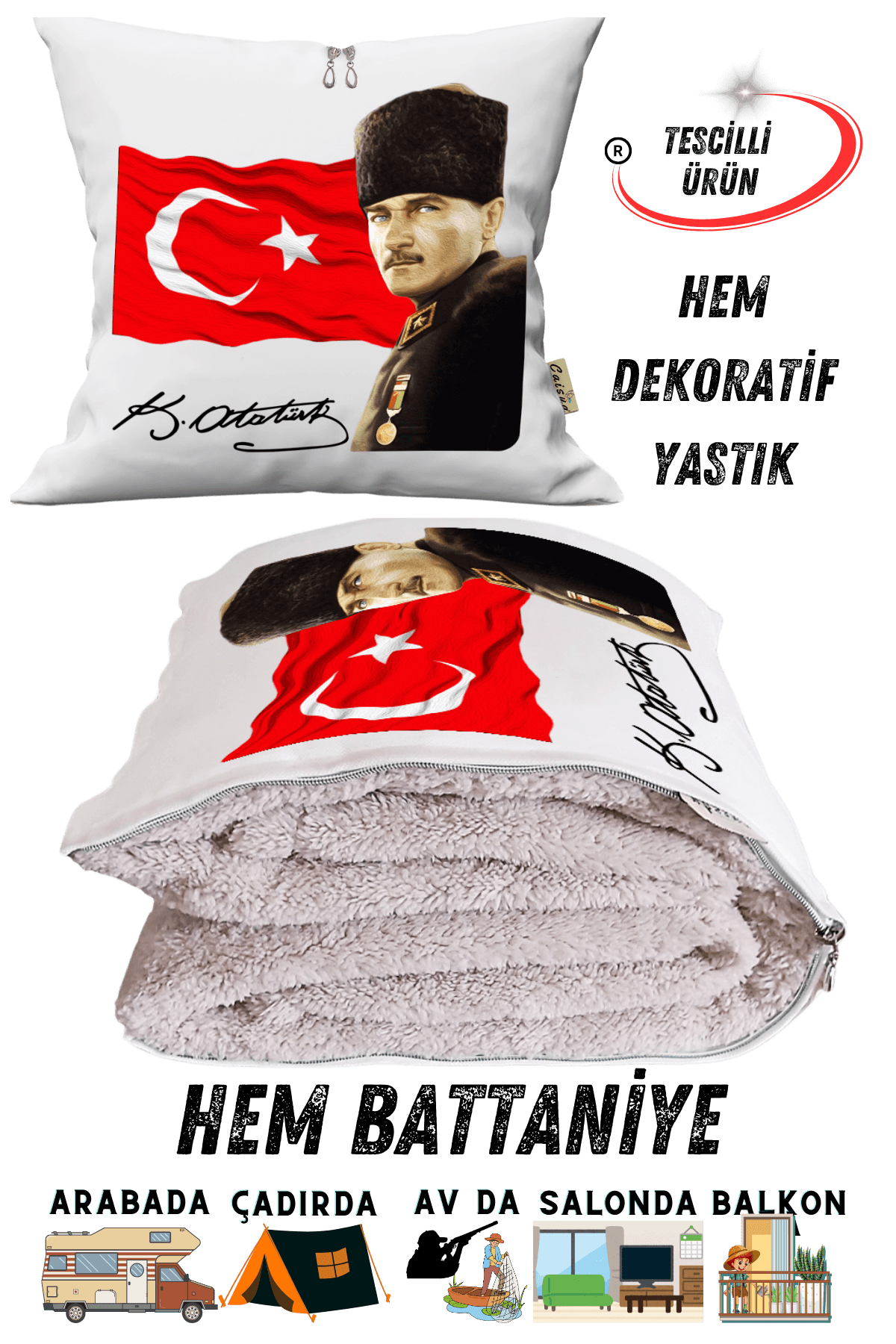 Atatürk İmzalı Bayrak Baskı Tv Battaniyeli Opsiyonel Dekoratif Yastık Kırlent 2 in 1 Battaniye
