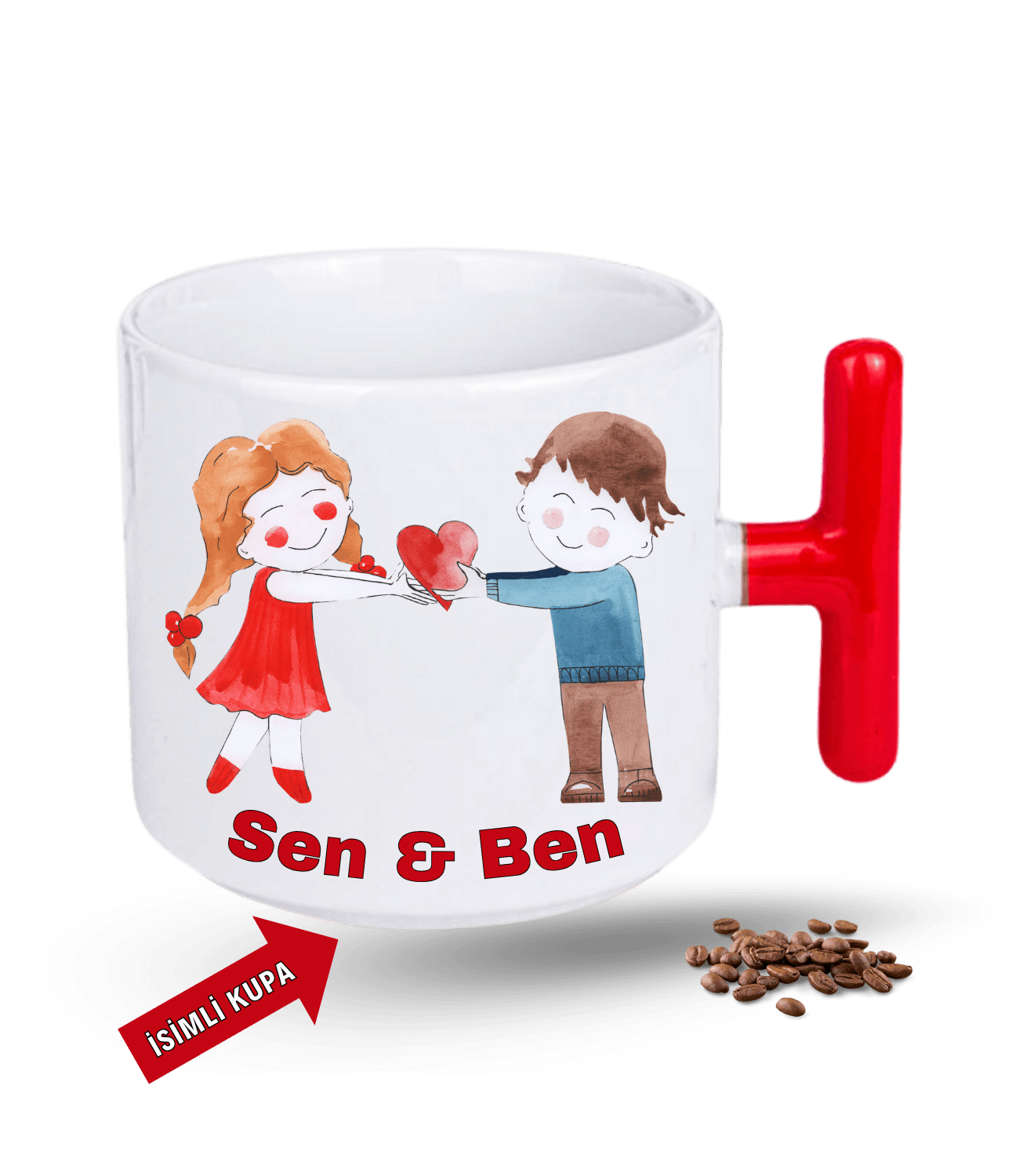 Aşk Temalı Sen ve Ben İsimli Kupa Kalpli Baskılı T Saplı Porselen Kupa Bardak-2
