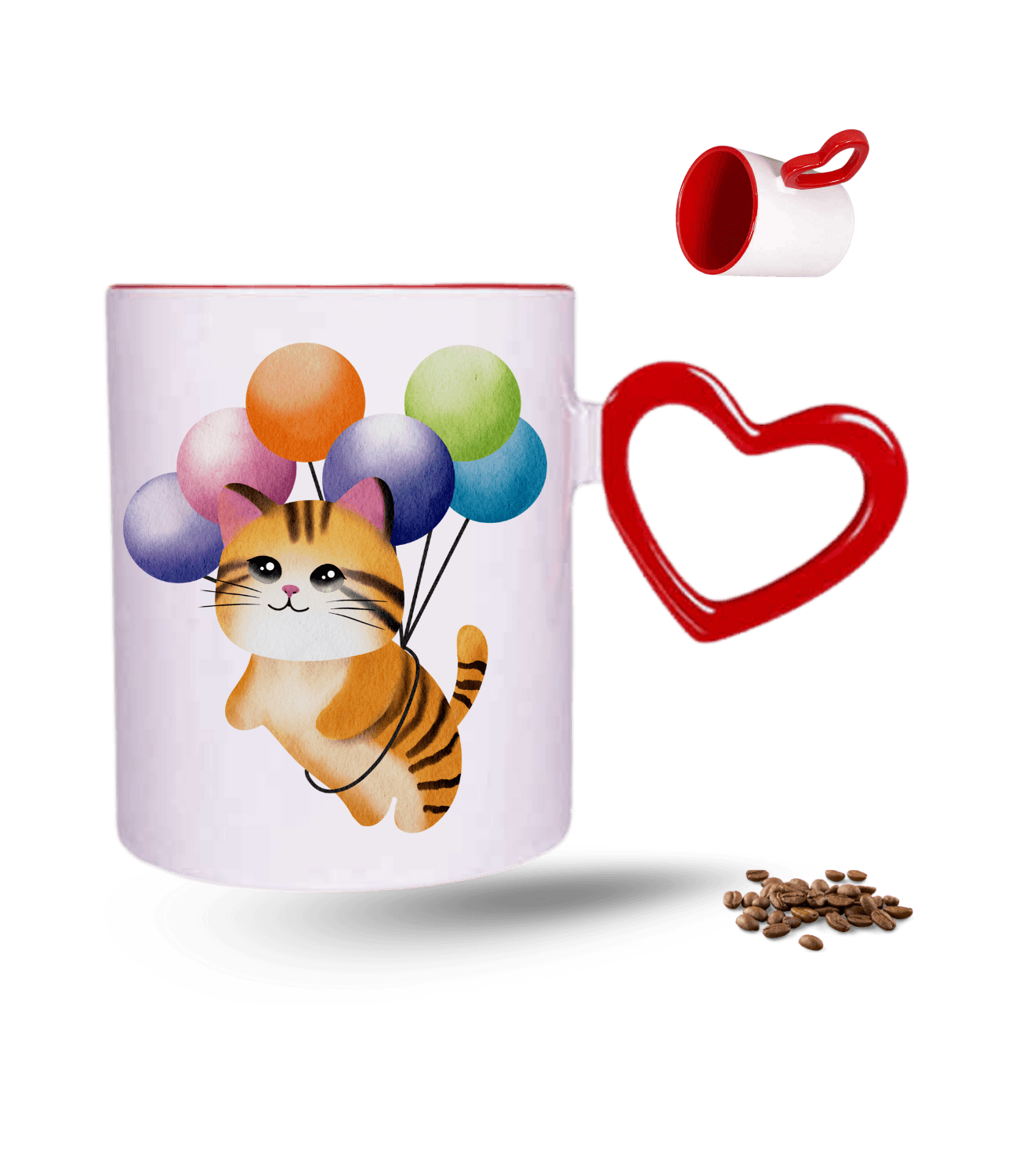 Balonlu Kedi Temalı Kedi Sever Baskılı Kırmızı Kalpli Porselen Kupa Bardak