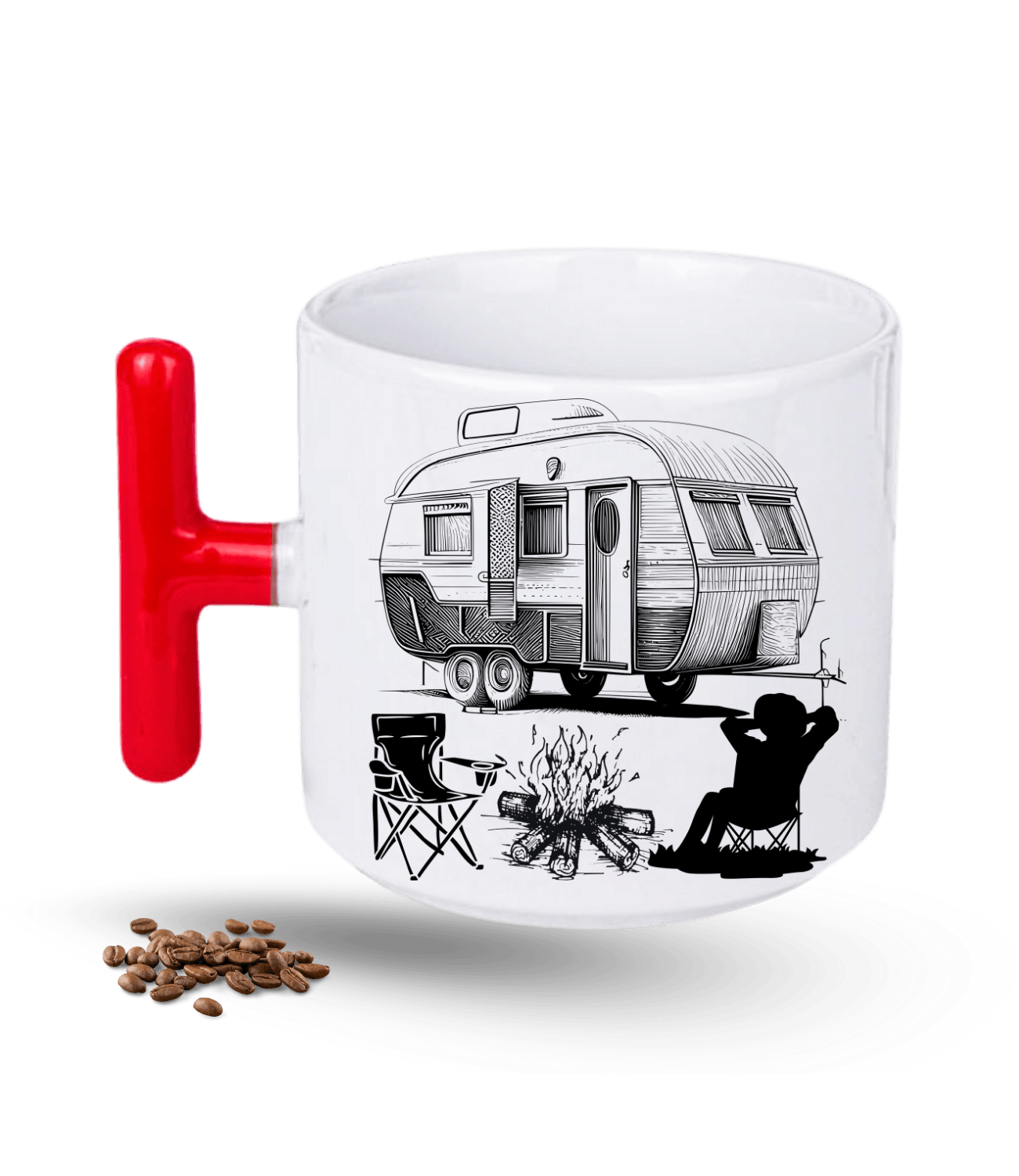 Camping Temalı Karavan Baskılı T Saplı Porselen Kupa Bardak