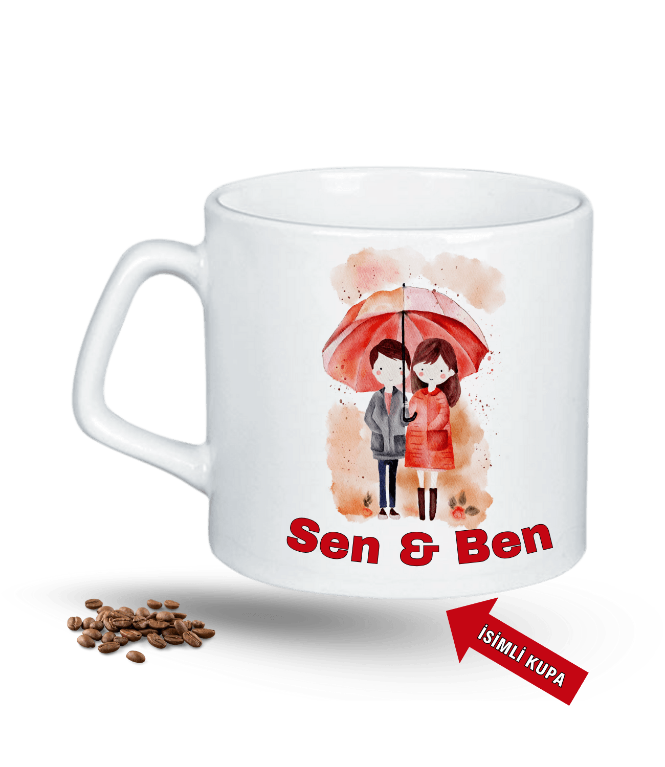 Aşk Temalı Sen ve Ben İsimli Kupa Kalpli Baskılı Porselen Afilli Kupa Bardak-4