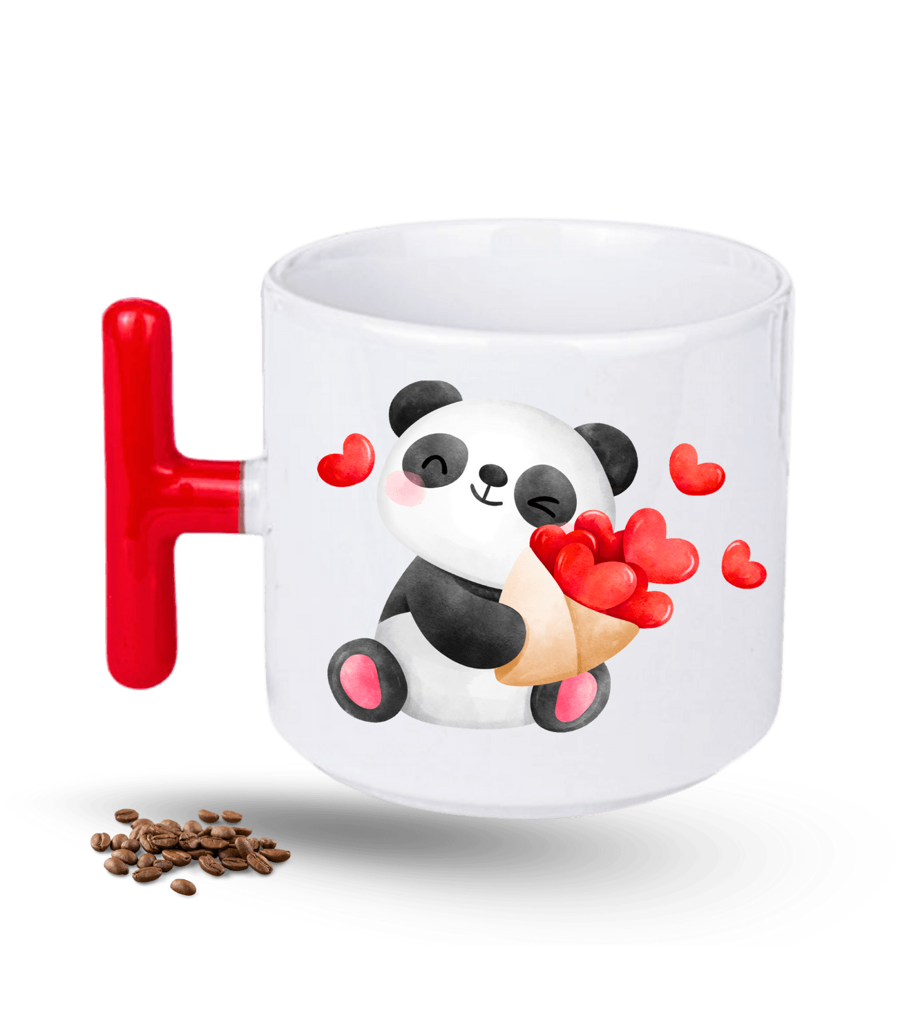Aşk Temalı Kalpli Panda Baskılı T Saplı Porselen Kupa Bardak