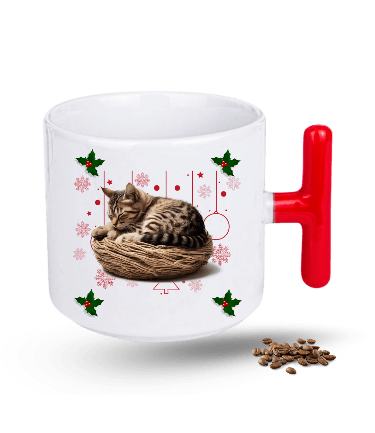 Noel Kedi Temalı Kedi Sever Baskılı T Saplı Porselen Kupa Bardak