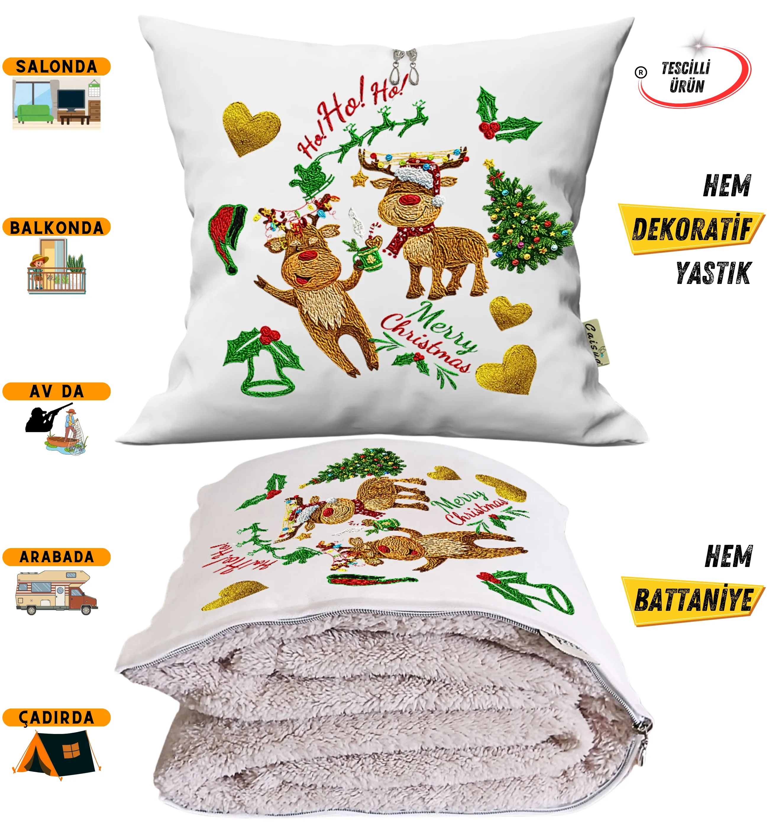 Yılbaşı Kurabiye Nakışlı Punch Efekt Baskılı Tv Battaniye Olabilen Dekoratif Yastık 2in1 Battaniye