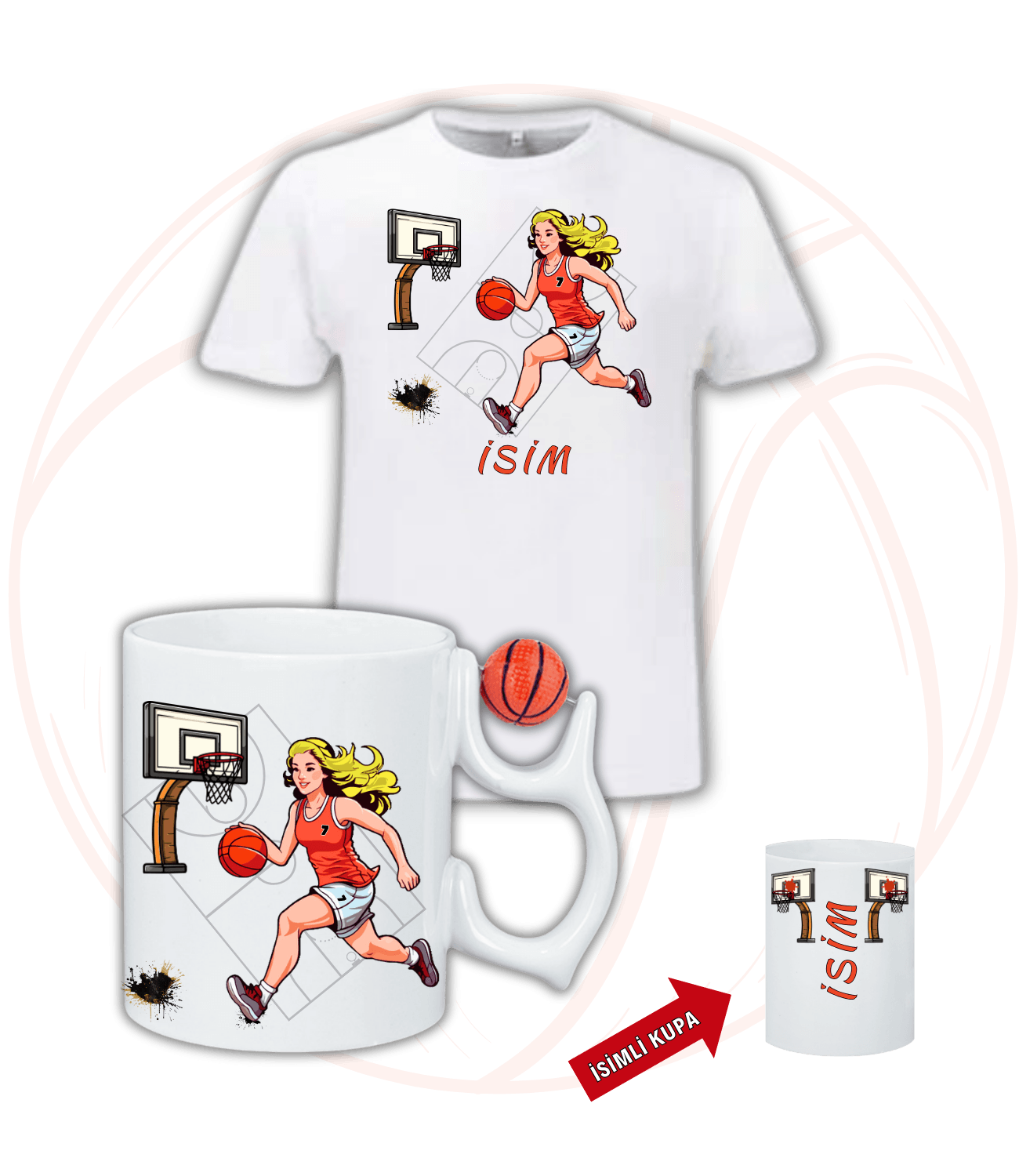 Basketbol Kadın Oyunculu Basketbol Toplu Kupa + Baskılı Pamuklu Tişört Kombin-2