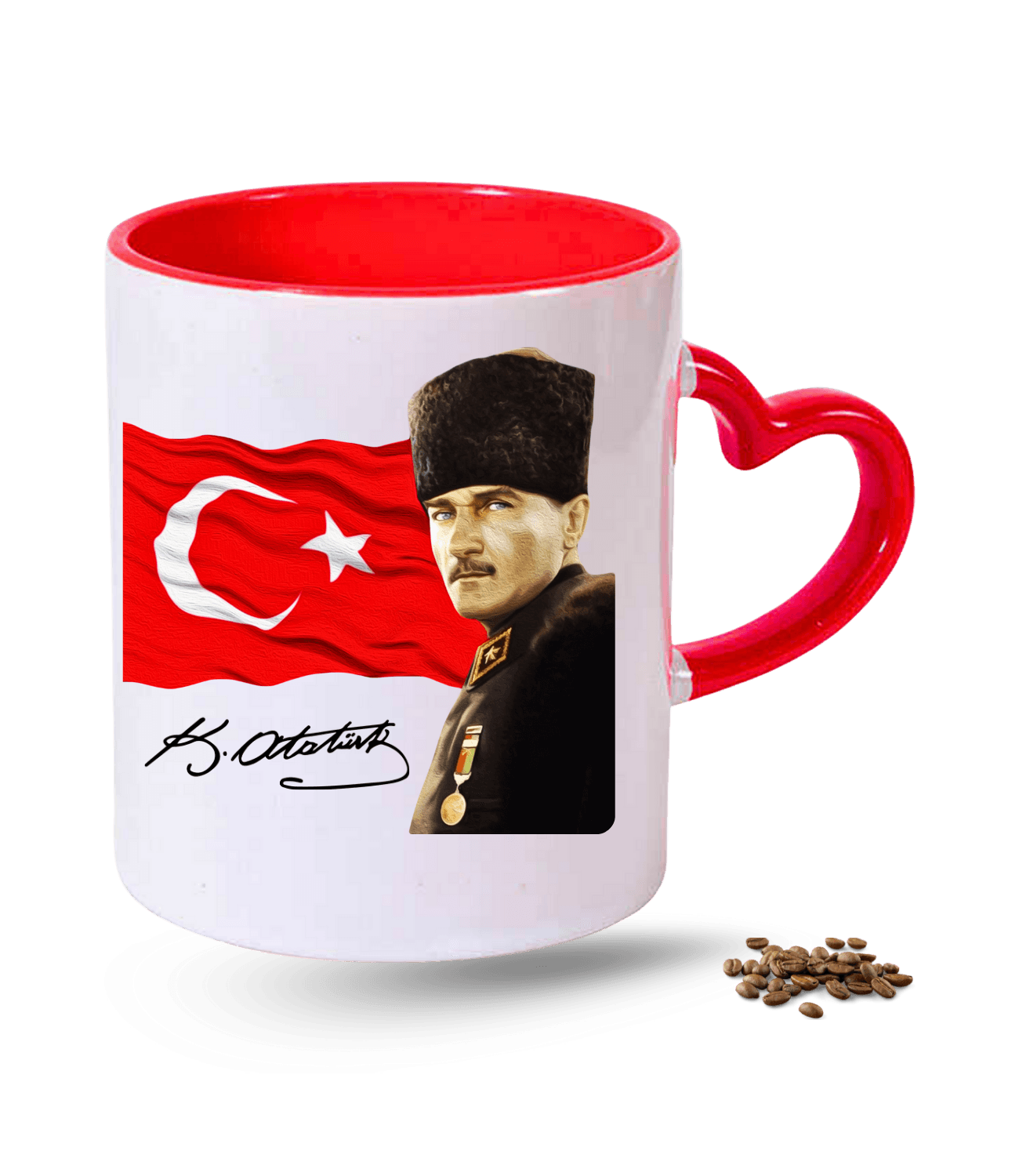 Atatürk İmza Temalı Bayrak Baskılı Kırmızı Kalpli Porselen Kupa Bardak