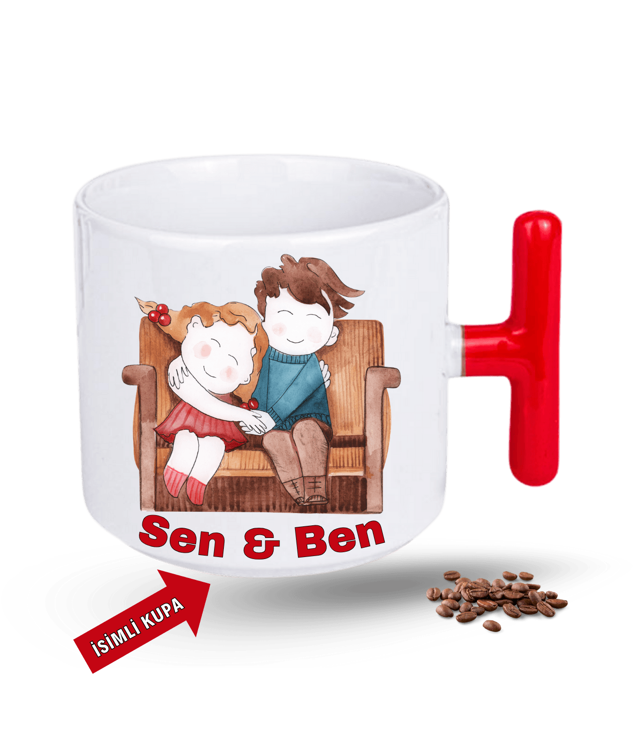 Aşk Temalı Sen ve Ben İsimli Kupa Kalpli Baskılı T Saplı Porselen Kupa Bardak-6