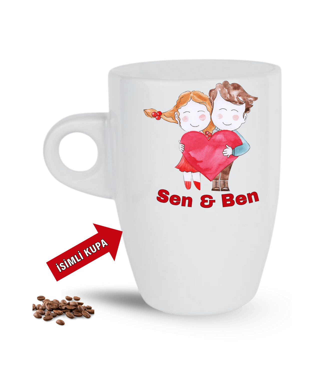 Aşk Temalı Sen ve Ben İsimli Kupa Kalpli Baskılı Porselen Latte Kupa Bardak-1