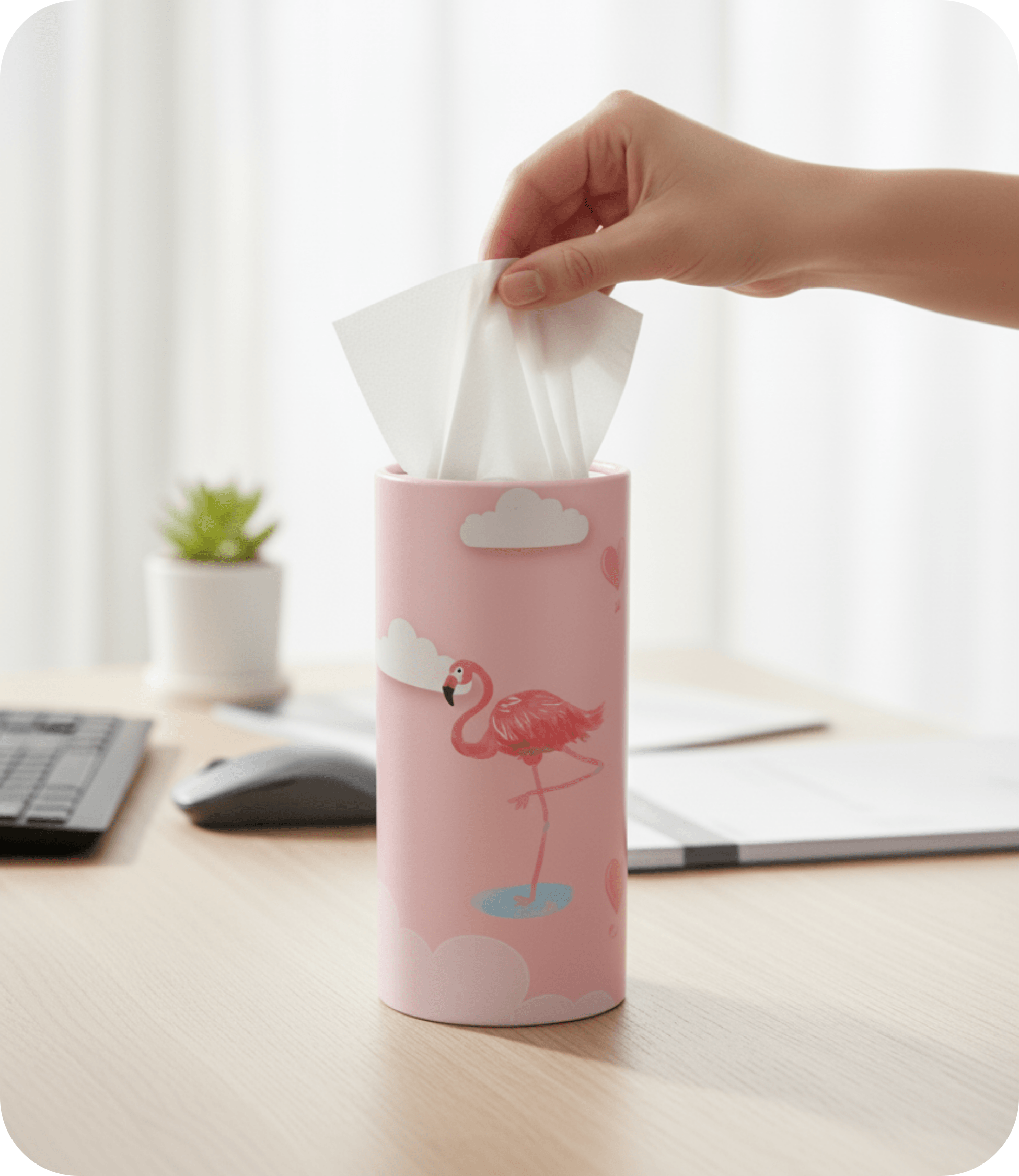 Silindir Dekoratif Kutuda Kağıt Mendil 50 li Pembe Flamingo Kutu (doldurulabilir)