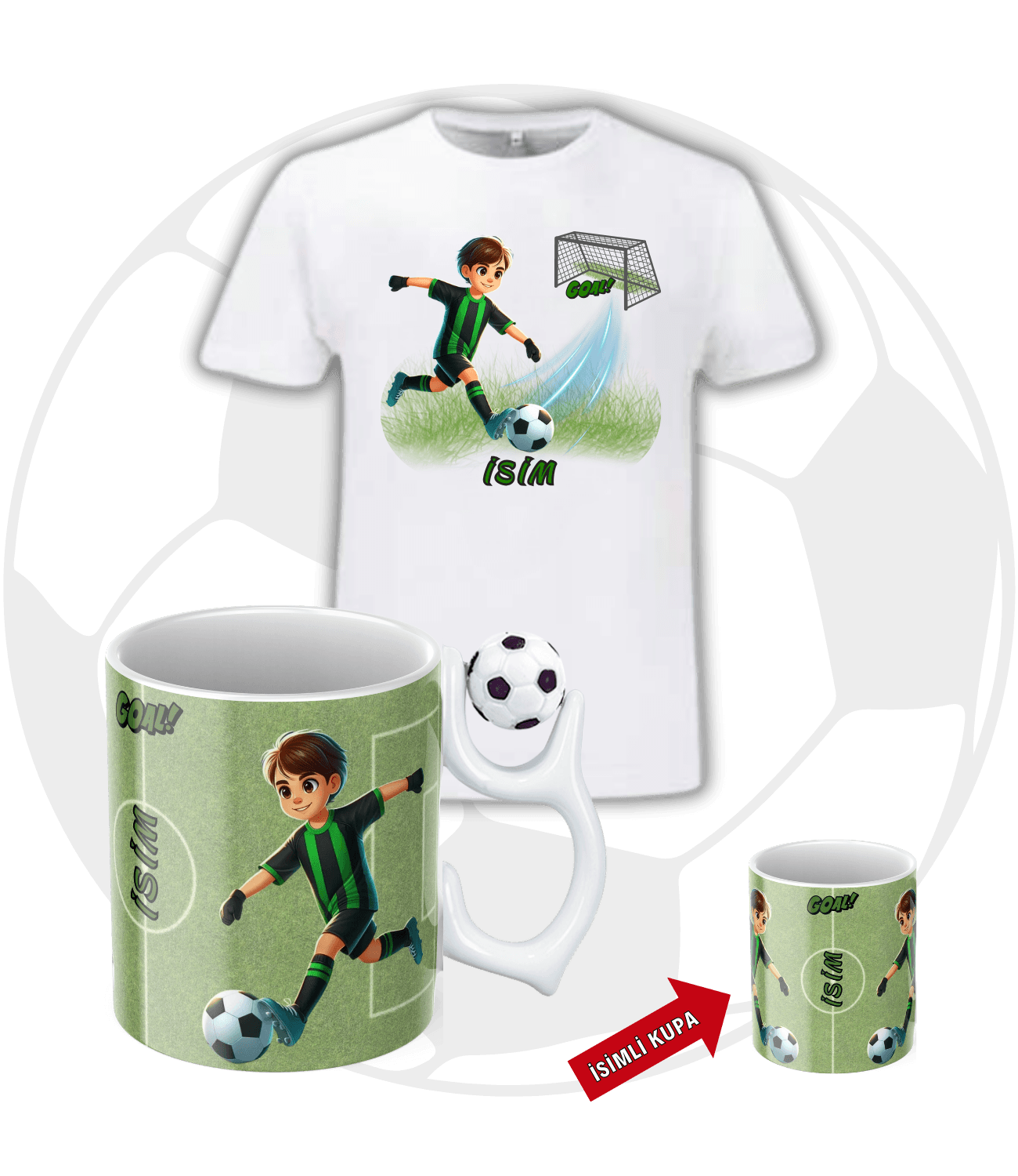 Yeşil Siyah Forma Oyunculu Futbol Toplu Kupa + Baskılı Pamuklu Tişört Kombin